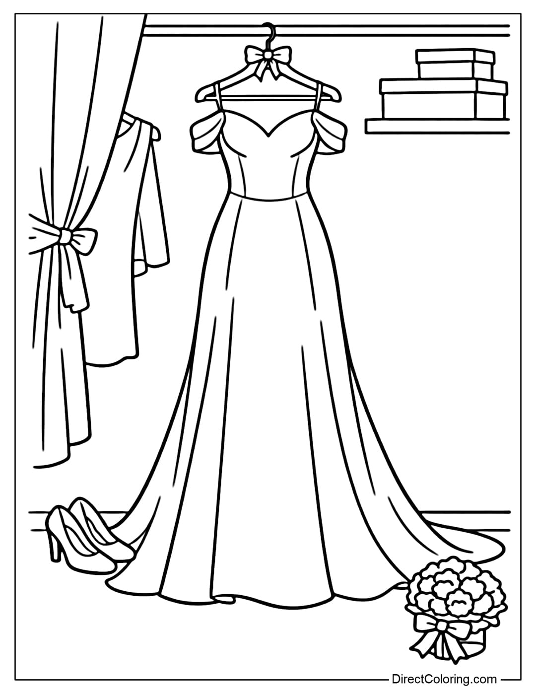 A coloring page of a long, neatly draped wedding dress, with an elegant design.