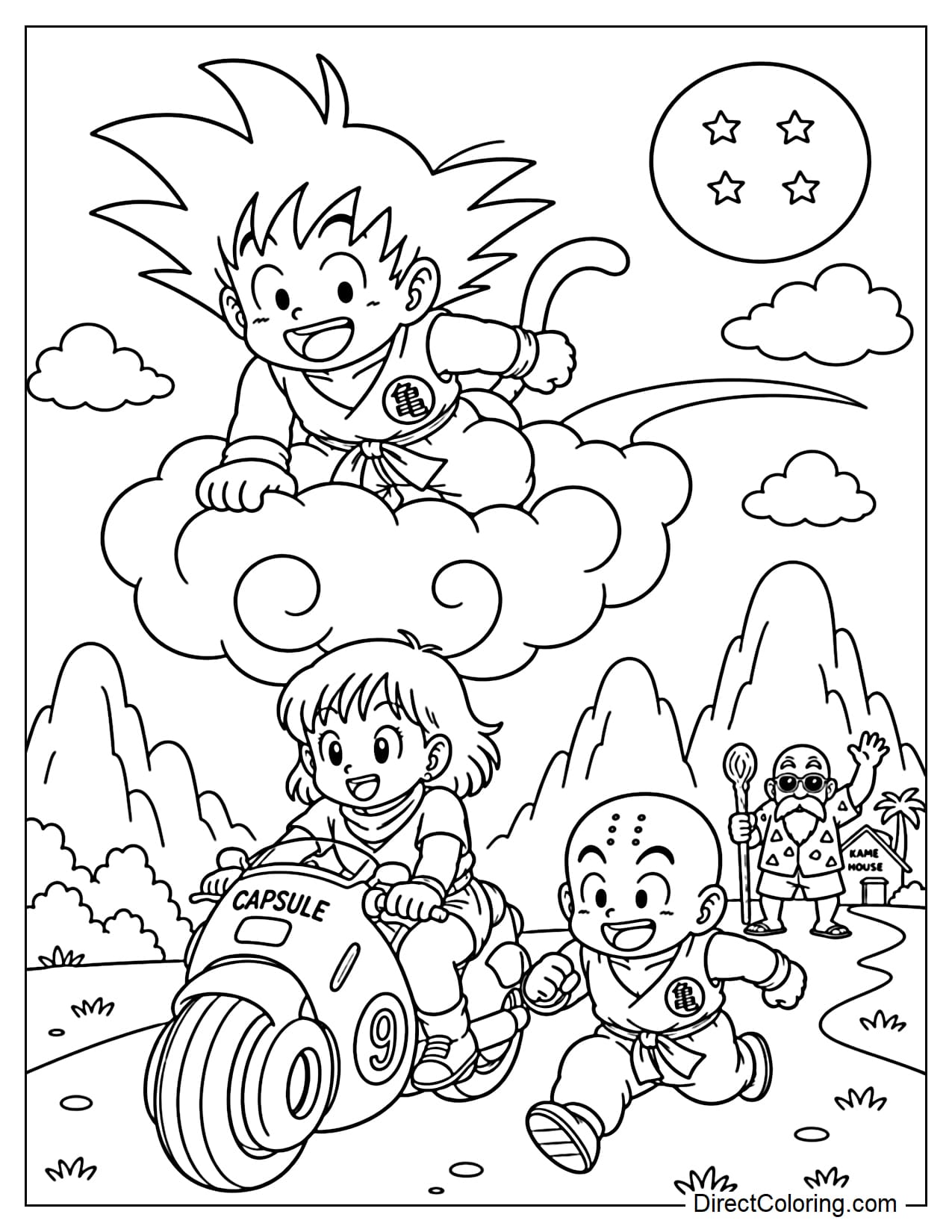 Dragon Ball with little Goku riding a Nimbus cloud, Bulma driving a Capsule motorcycle below, little Krillin running alongside, and Master Roshi waving in the distance.
