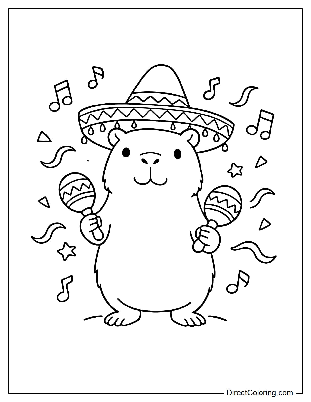 A cute capybara is wearing a sombrero hat and holding maracas in both hands, surrounded by musical notes.