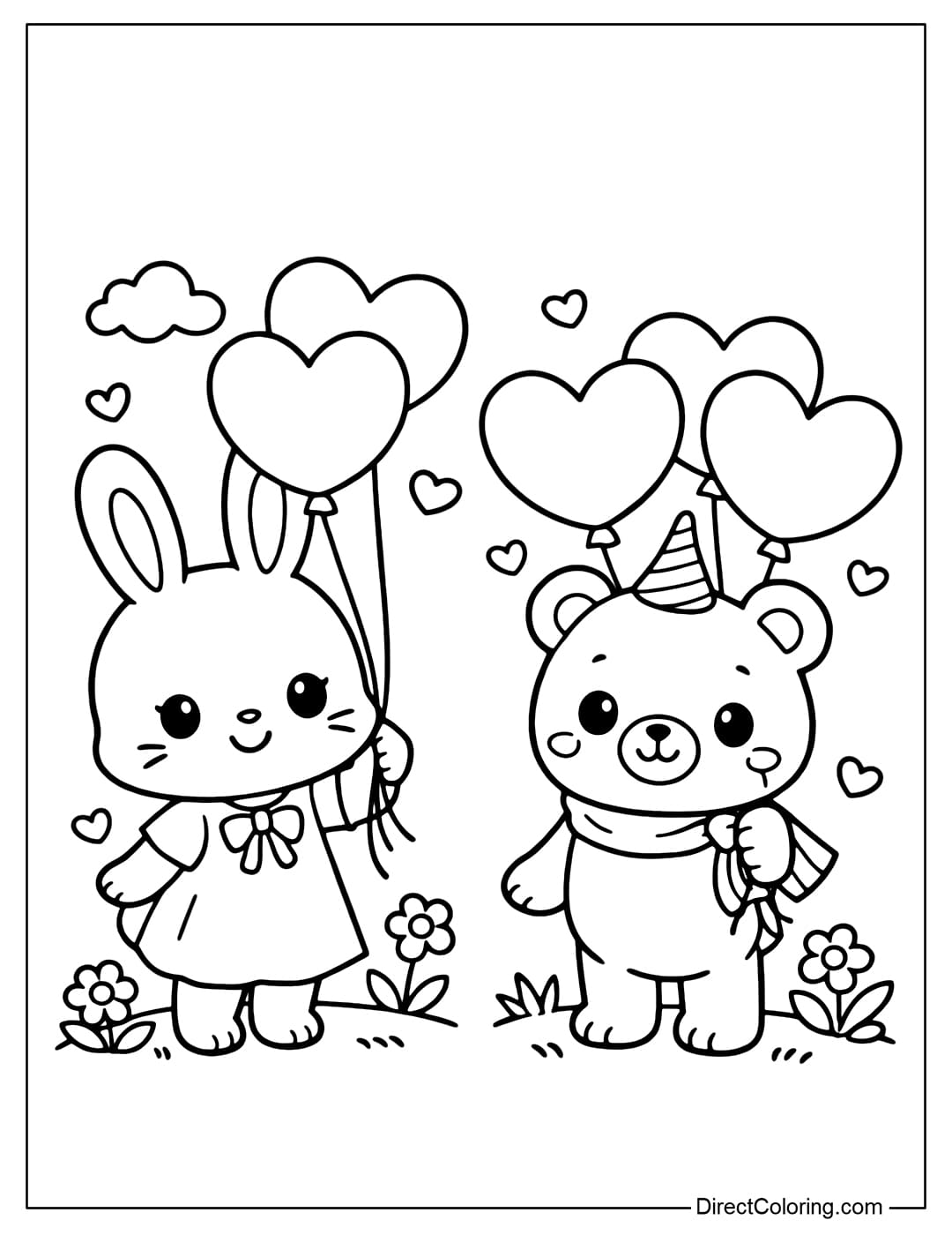 A coloring page featuring a rabbit and a bear holding heart-shaped balloons.