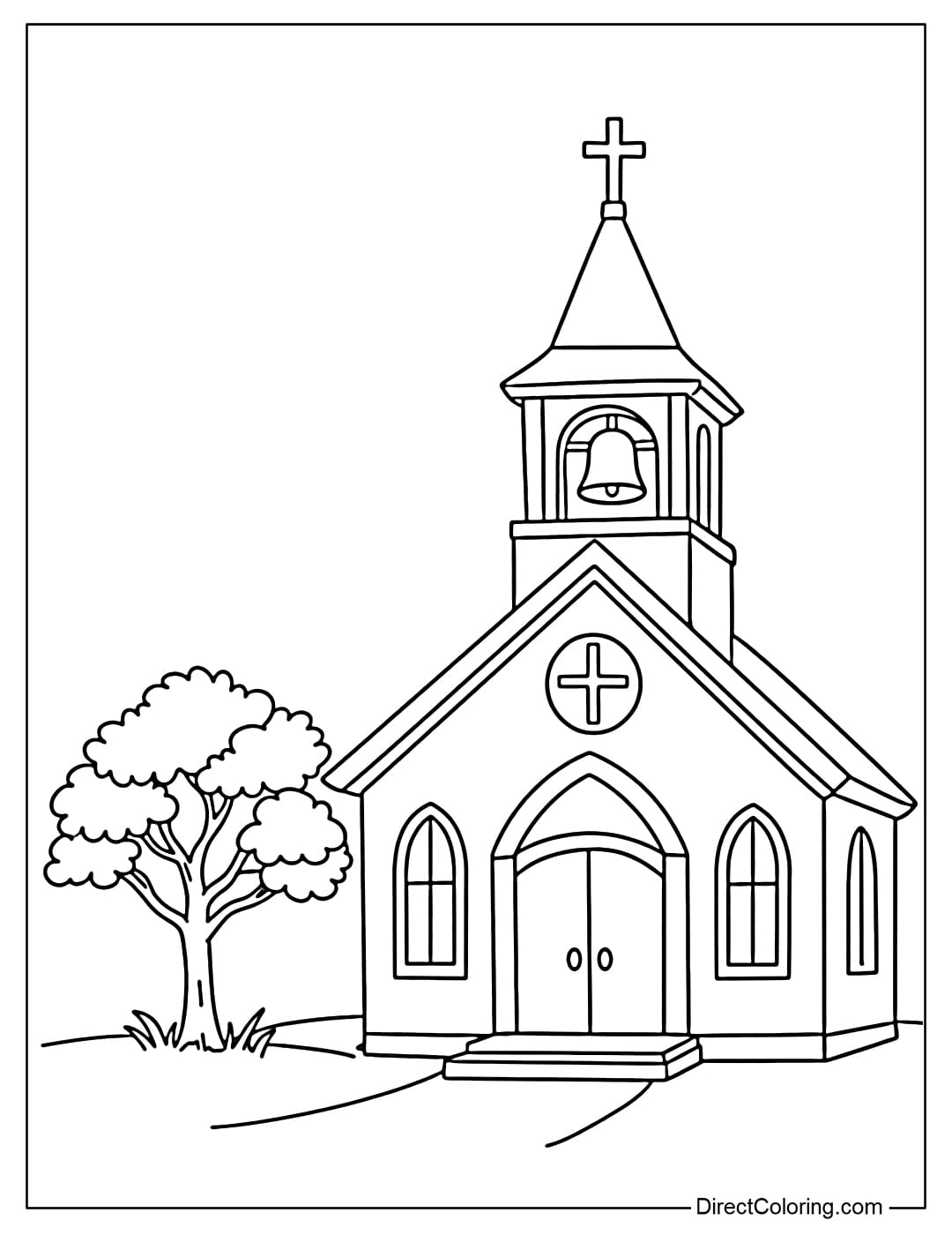Coloring page of a simple church with a small tree beside it, creating a gentle scene.