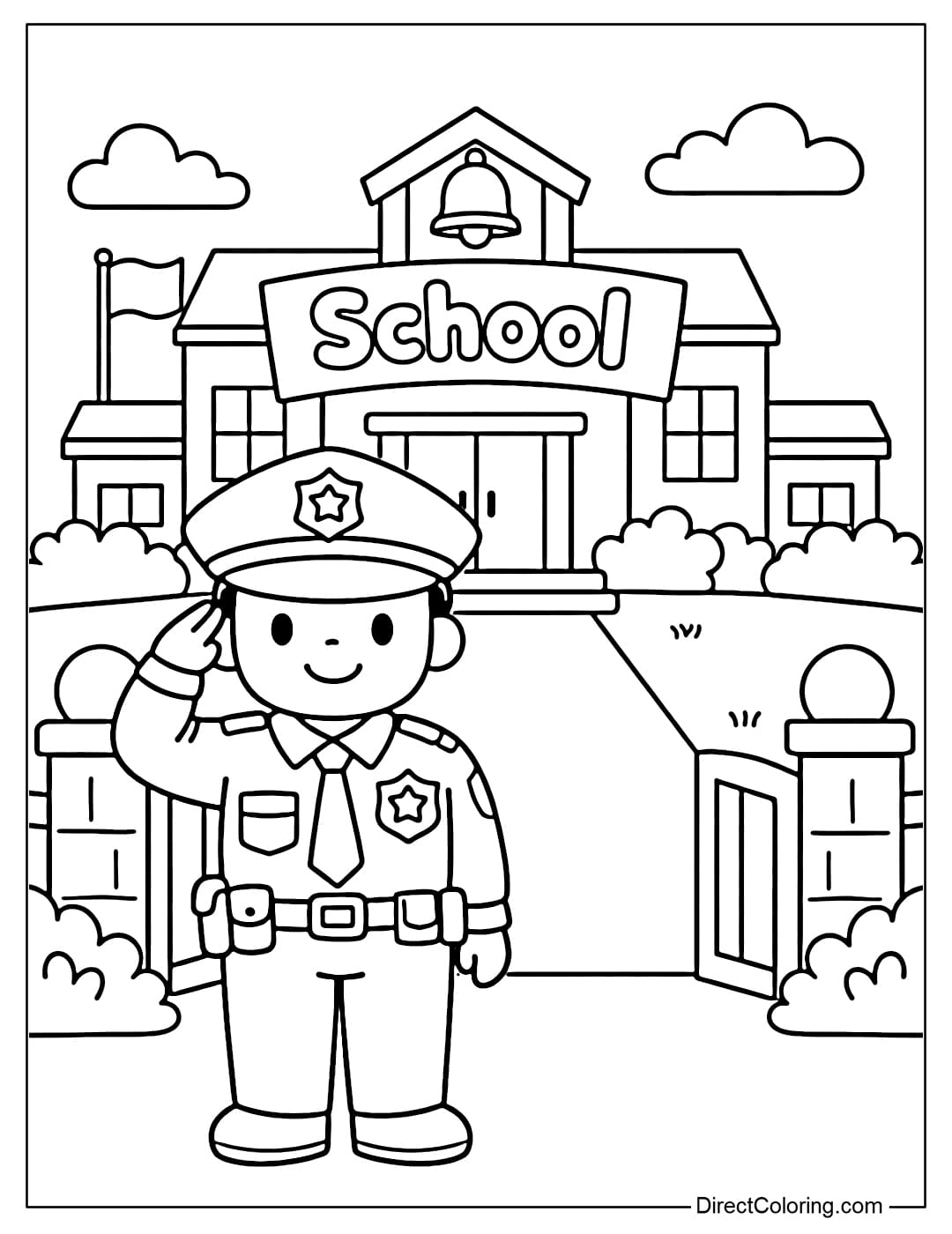 Coloring page of a police officer standing at the school entrance, with a simple school building in the background.