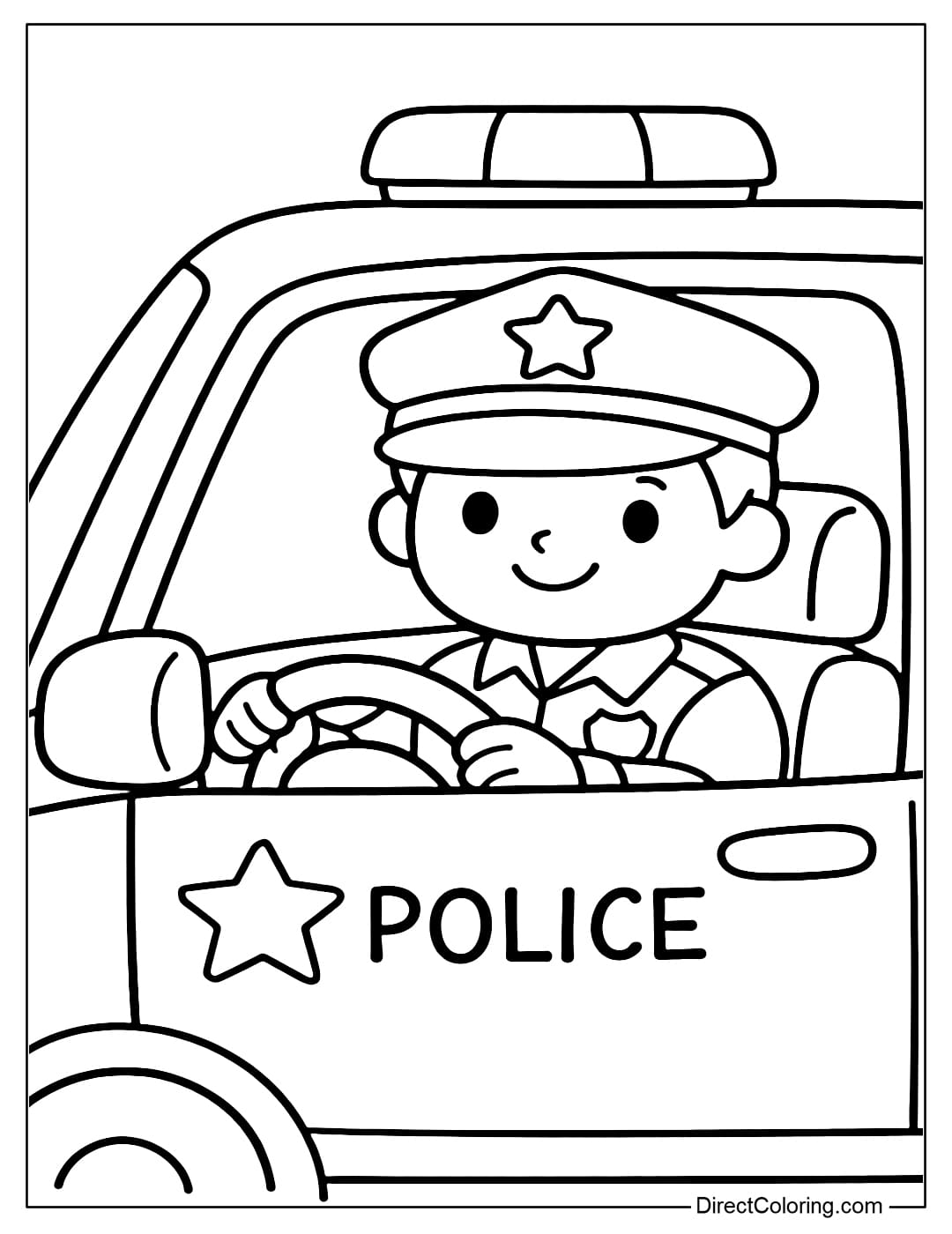 Coloring page of a police officer sitting in a simple police car, only showing his upper body and steering wheel.
