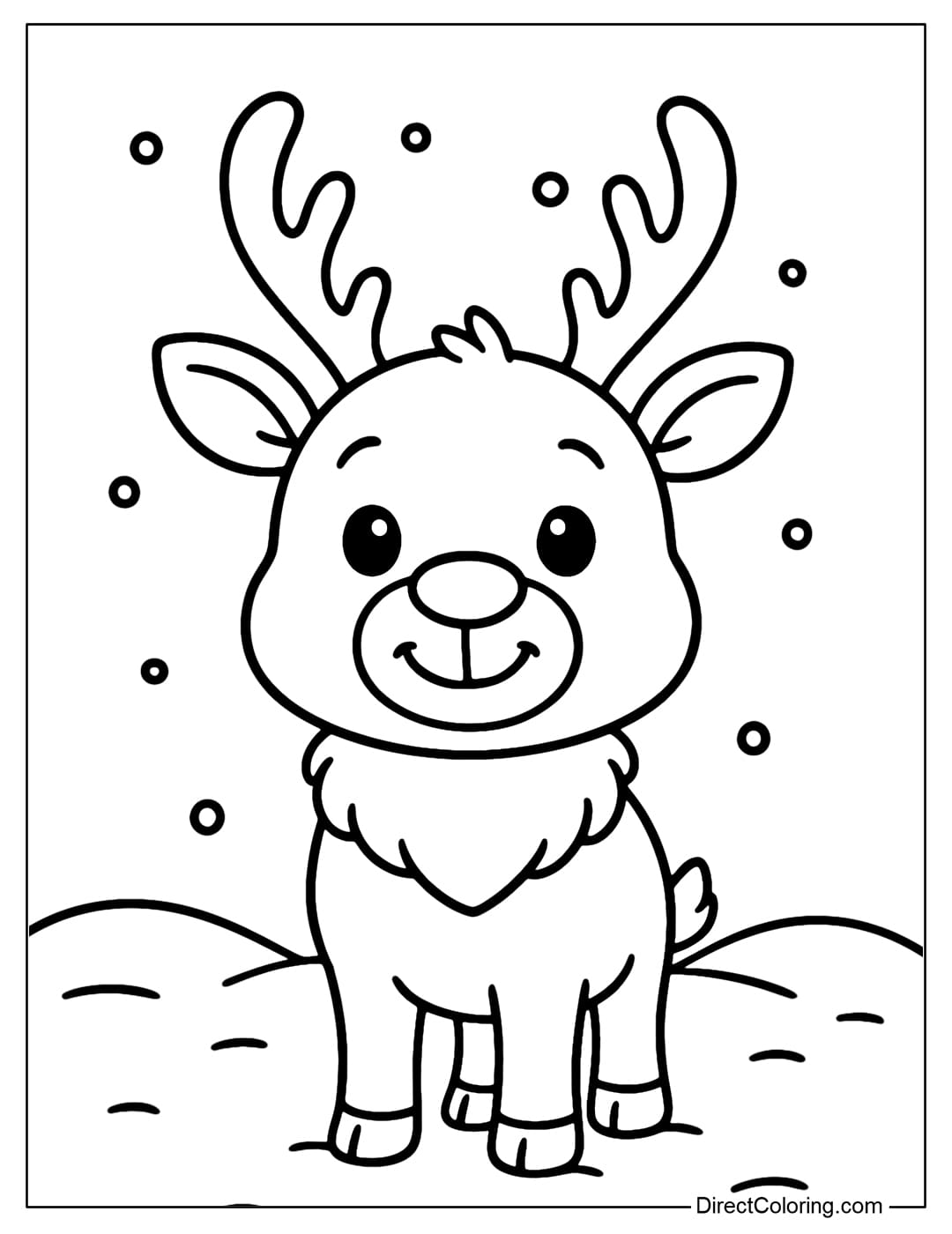 Cute Reindeer Coloring Page A cute cartoon reindeer coloring page, with a cheerful expression, standing in the middle of a white snowy background.