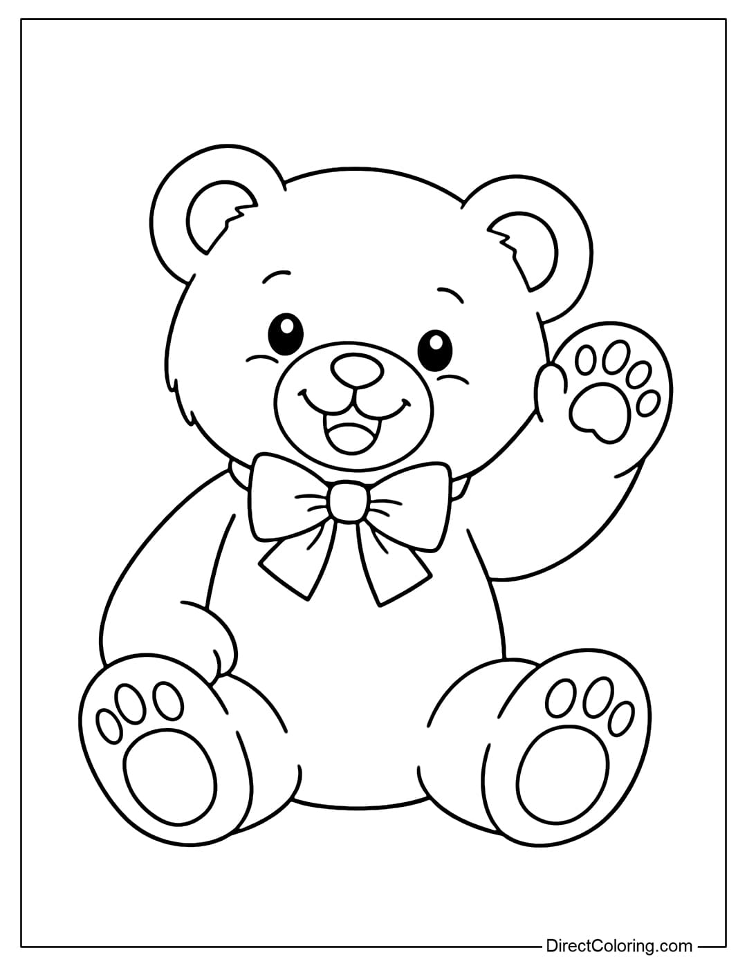 A coloring page of a teddy bear waving with a happy and friendly expression.