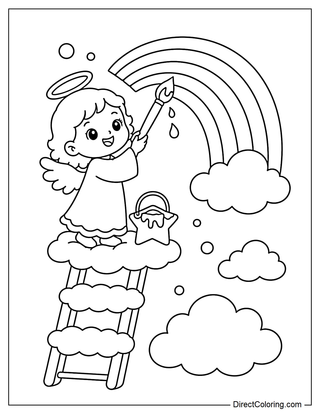 A little angel stands on a cloud-ladder, holding a large brush and painting a curved rainbow across the sky, with a star-shaped paint bucket and large clouds nearby.