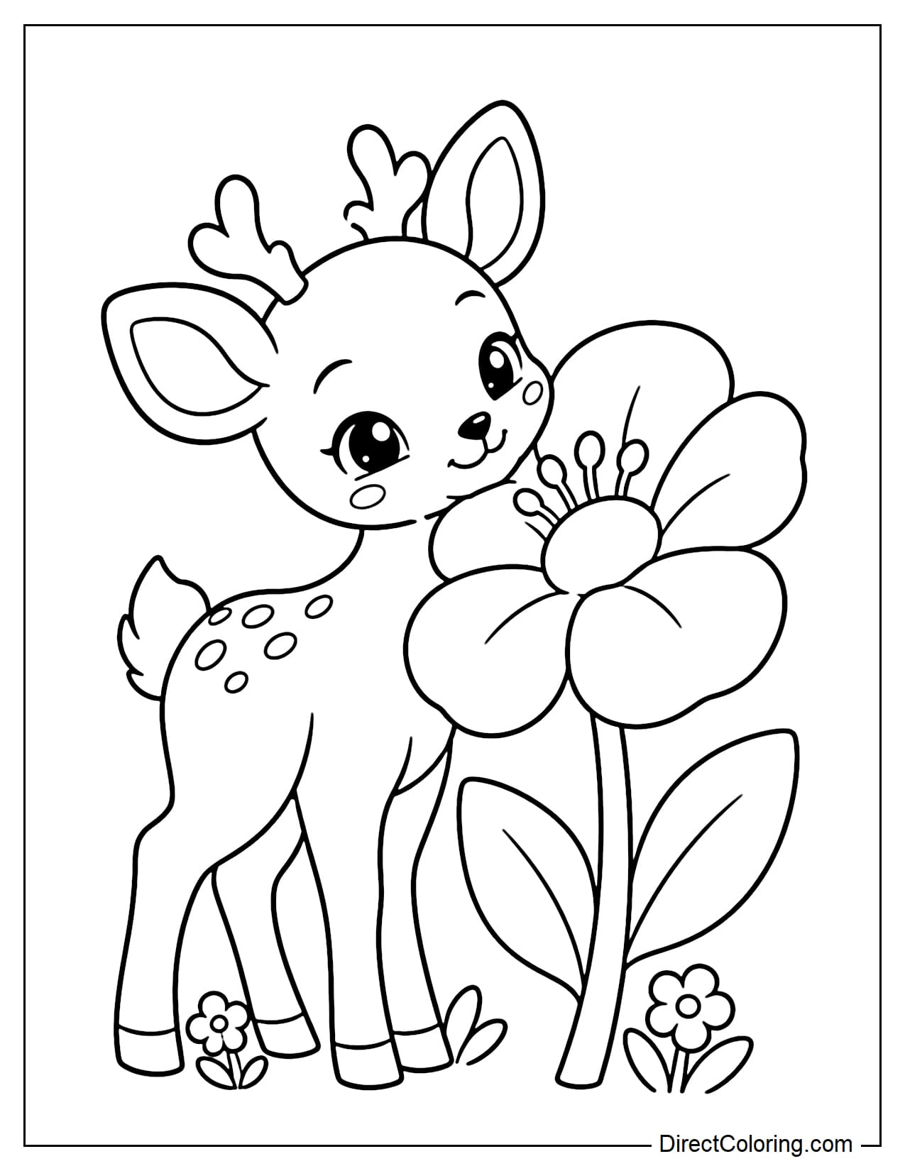 A cute deer standing beside a giant flower with large rounded petals and a big center, gently resting its head against one of the petals.