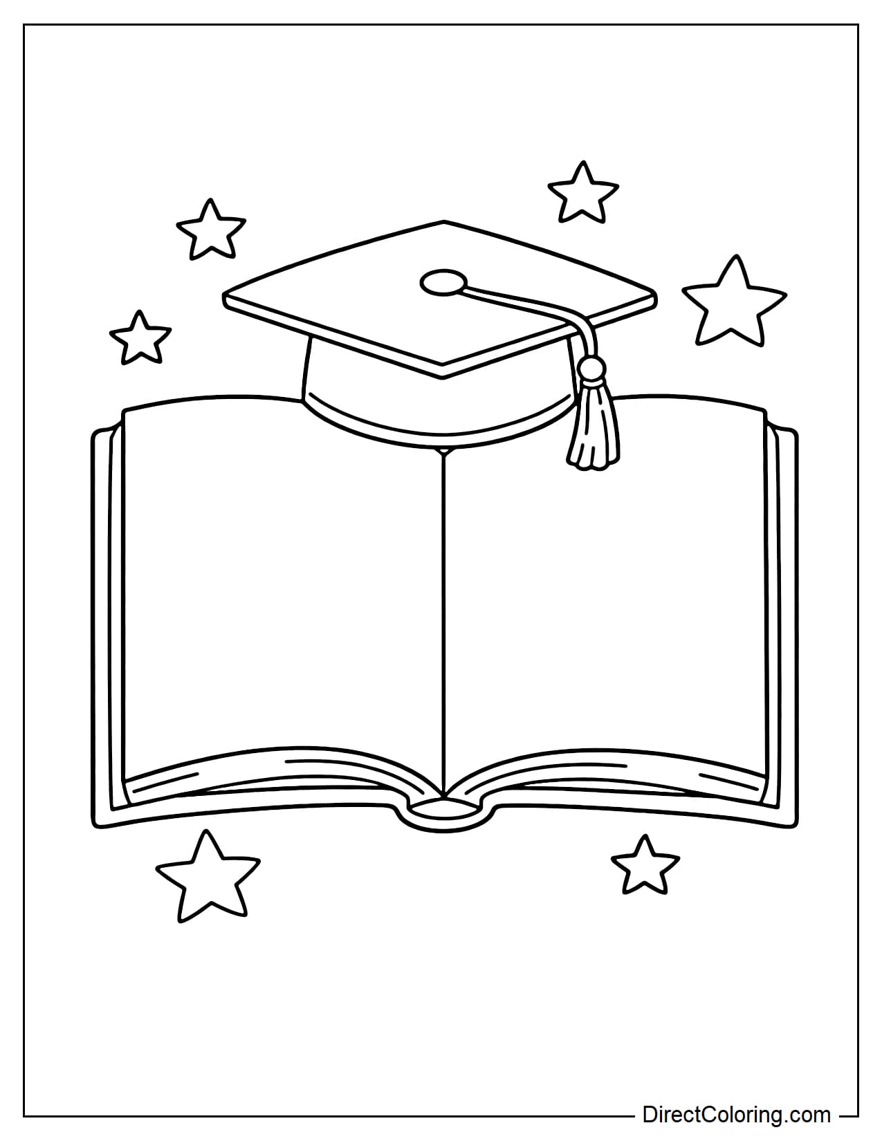 A large notebook in the center with a graduation cap on top, surrounded by a few stars.