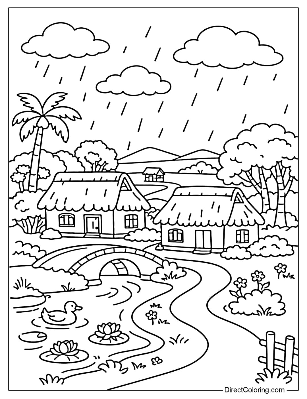 This coloring page depicts a village scene in a light rain, with rooftops and trees around.