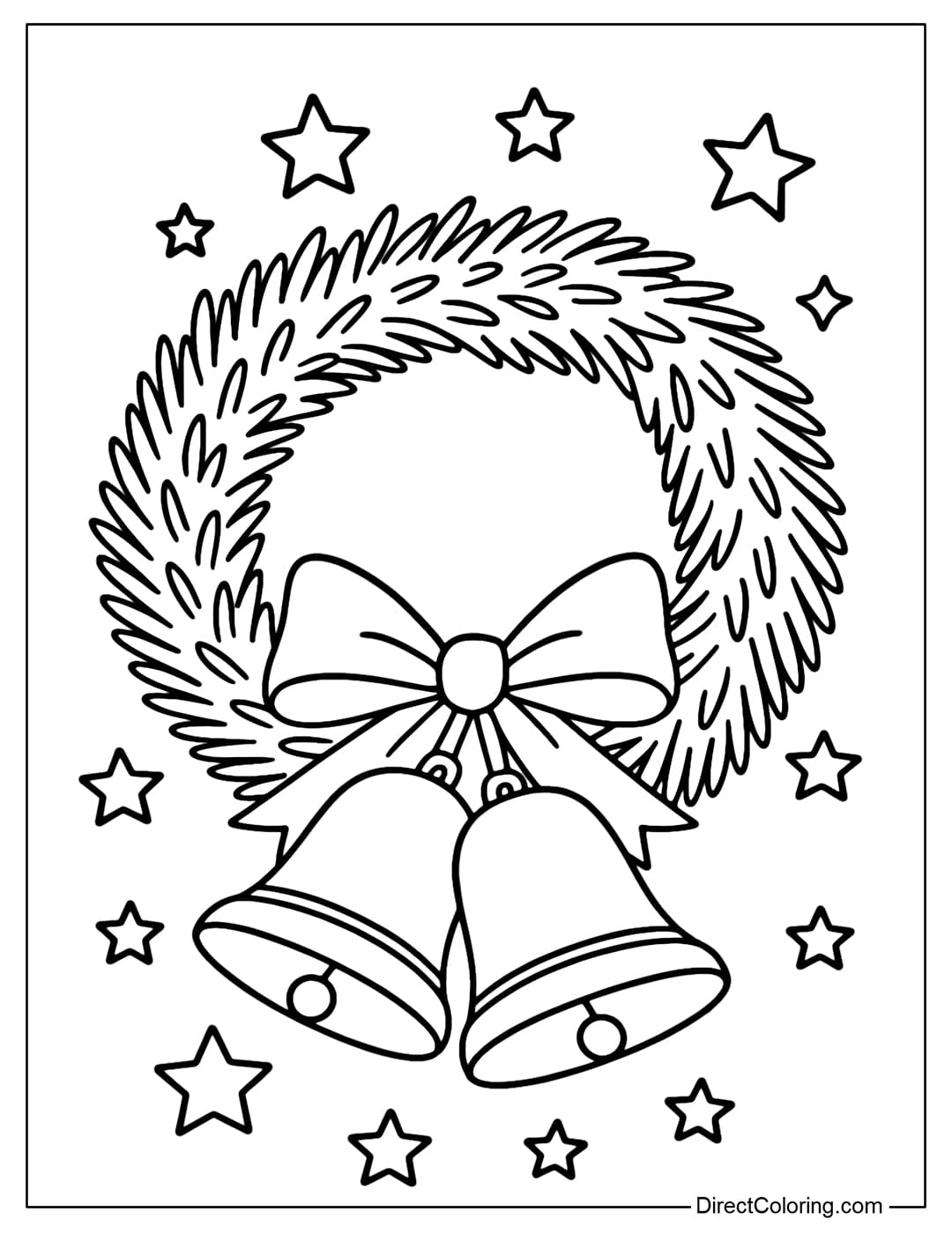 Christmas Wreath with Bells Coloring Page A wreath coloring page with two large bells tied with a ribbon bow.