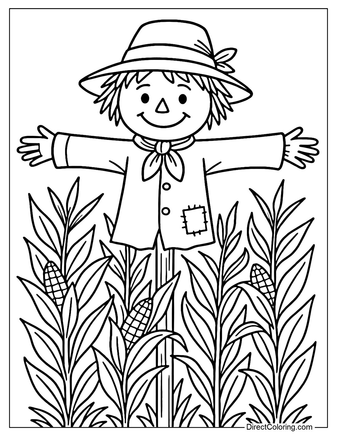 Scarecrow Coloring Page standing in the middle of a row of corn taller than his head, the scarecrow's face is smiling.