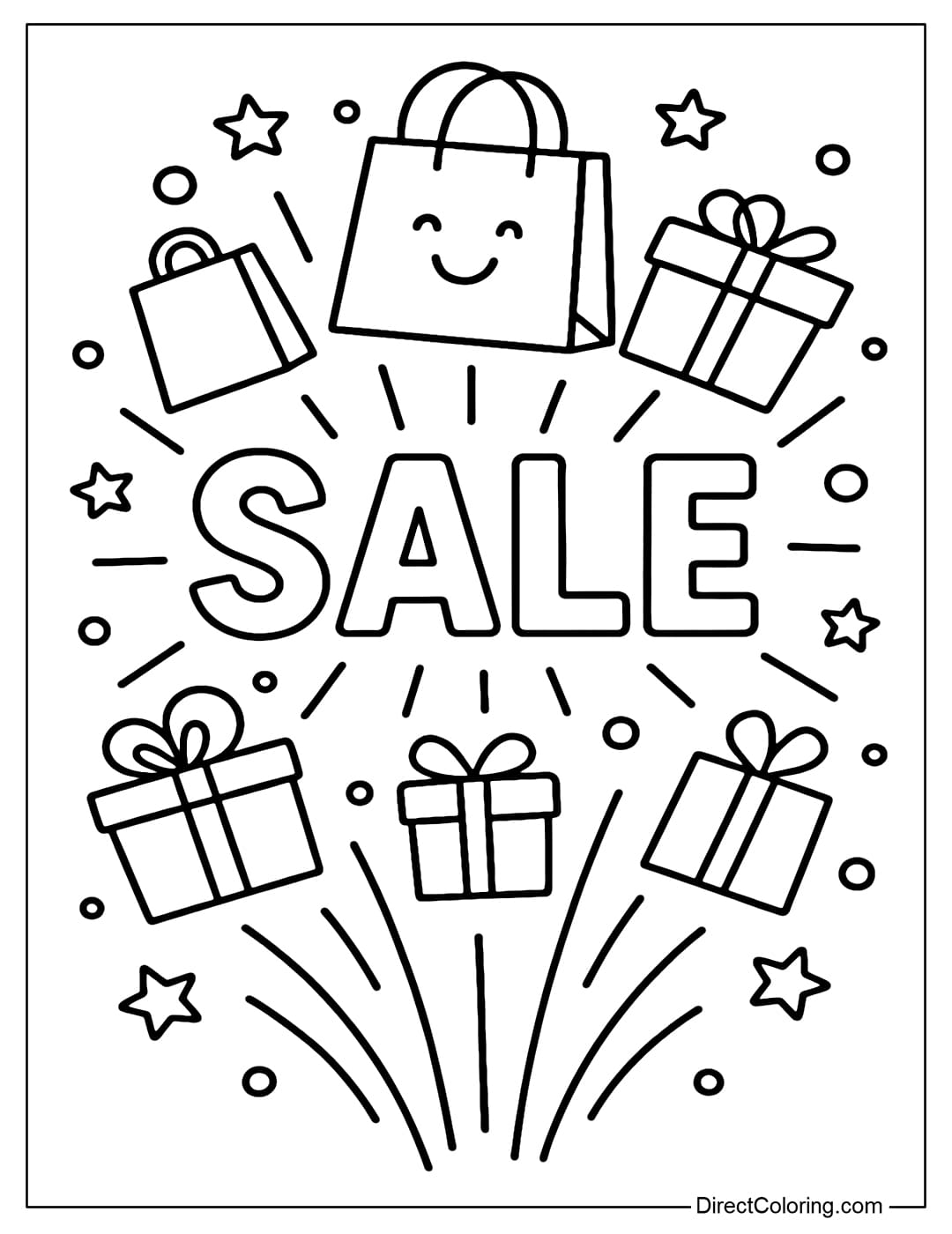 A fun coloring page where shopping bags, gift boxes, and the word SALE fly up like fireworks.