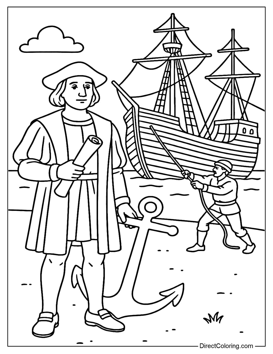 Coloring page Columbus standing next to a large ship anchor, the sailor is pulling the rope behind.