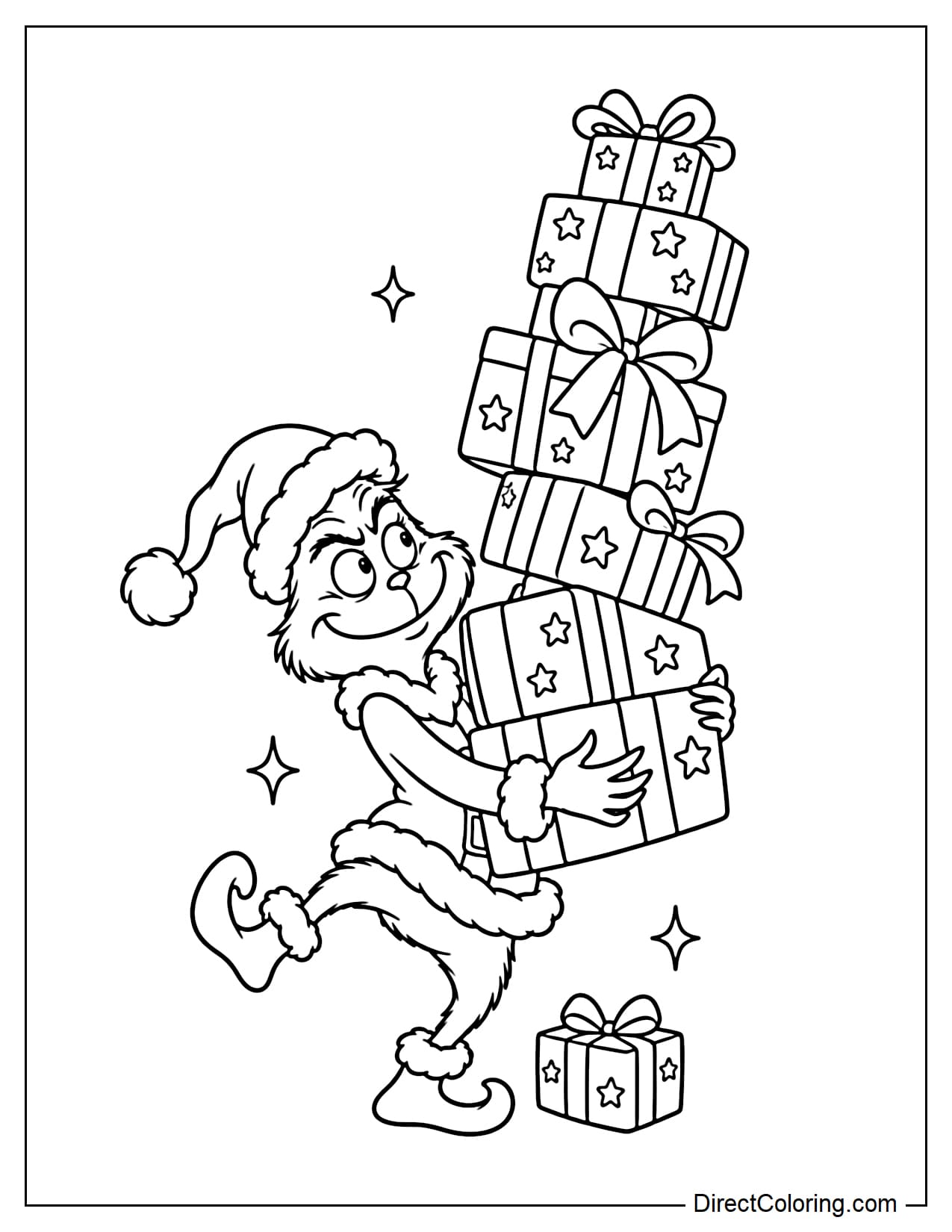 Grinch wears a Santa outfit, balancing on one foot with his arms spread wide as he struggles to steady a tall, wobbly tower of Christmas presents, looking hilariously panicked.
