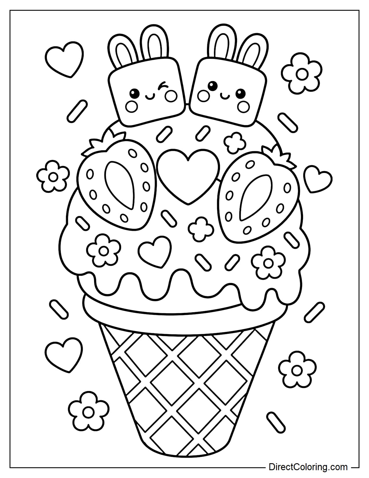 A strawberry ice cream cone with small marshmallow bunny ears, topped with a large strawberry slice, heart, and flower sprinkles.