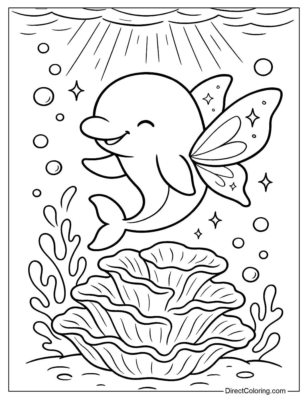 A playful little dolphin coloring page with sparkling blue fairy wings, twirling and dancing around a giant, multi-layered, curving coral flower.