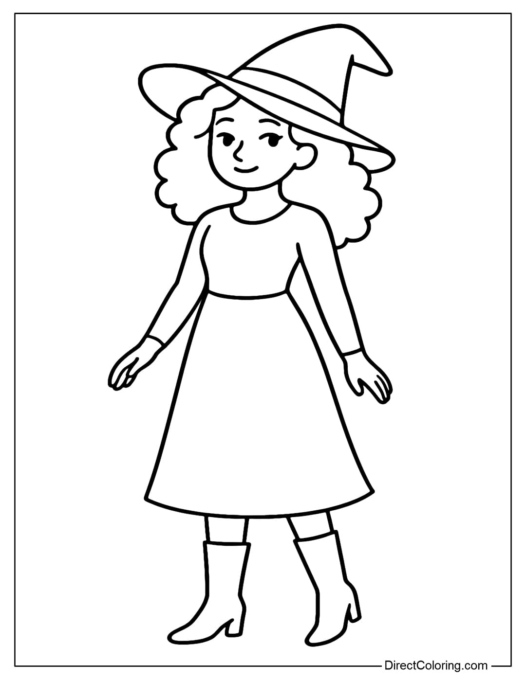A coloring page of a fashionable witch in a simple long dress, high boots, and curly hair.