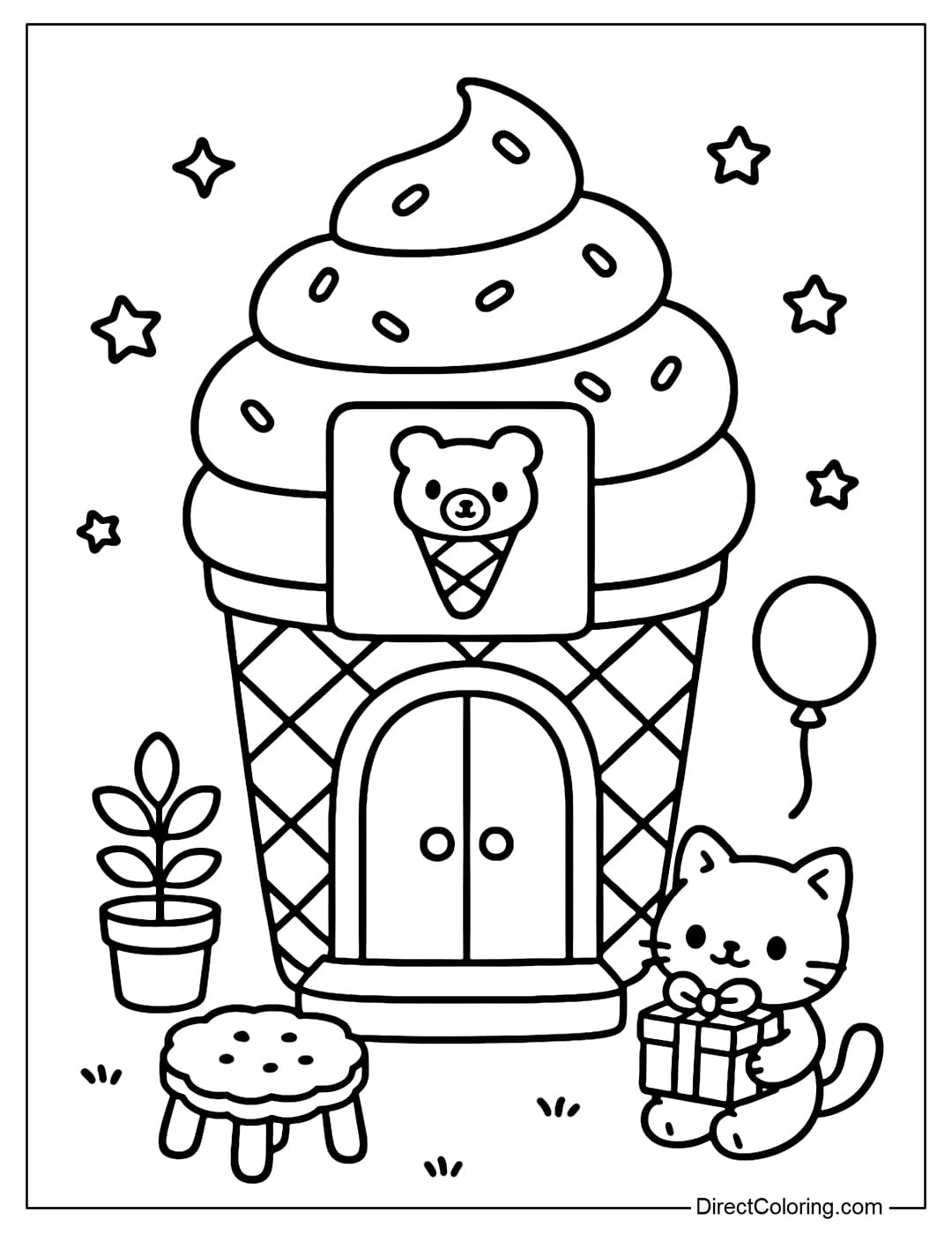 Ice Cream Toy Shop Coloring Page Coloring Page Toy shop in the shape of an ice cream cone, the body of the shop is cinnamon bark, the roof is funny ice cream.