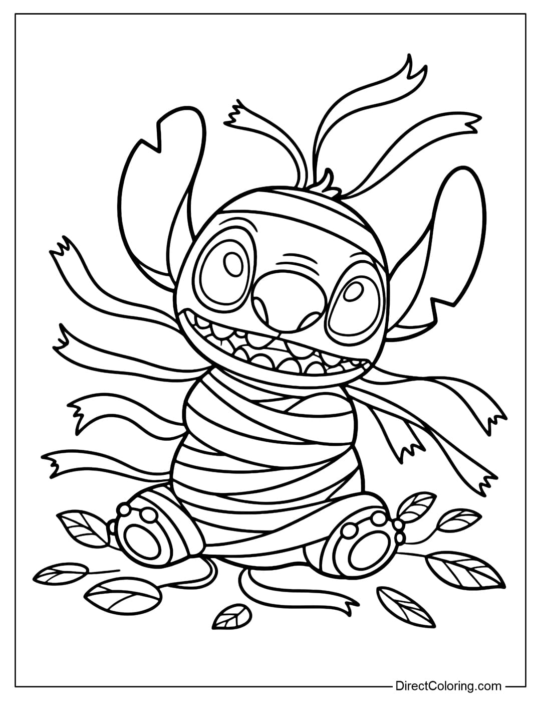 Disney Stitch coloring page is wrapped in bandages like a small mummy, only revealing his ears, big round eyes and mischievous smile.