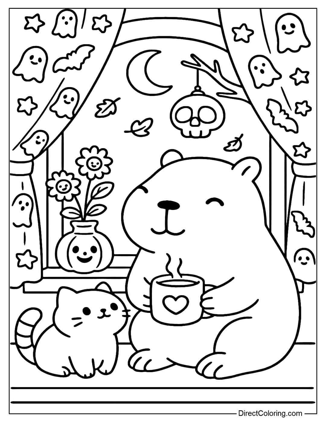 A coloring page of a capybara sitting by a Halloween window, holding a heart-shaped cup of hot cocoa. Next to it is a chubby little cat.