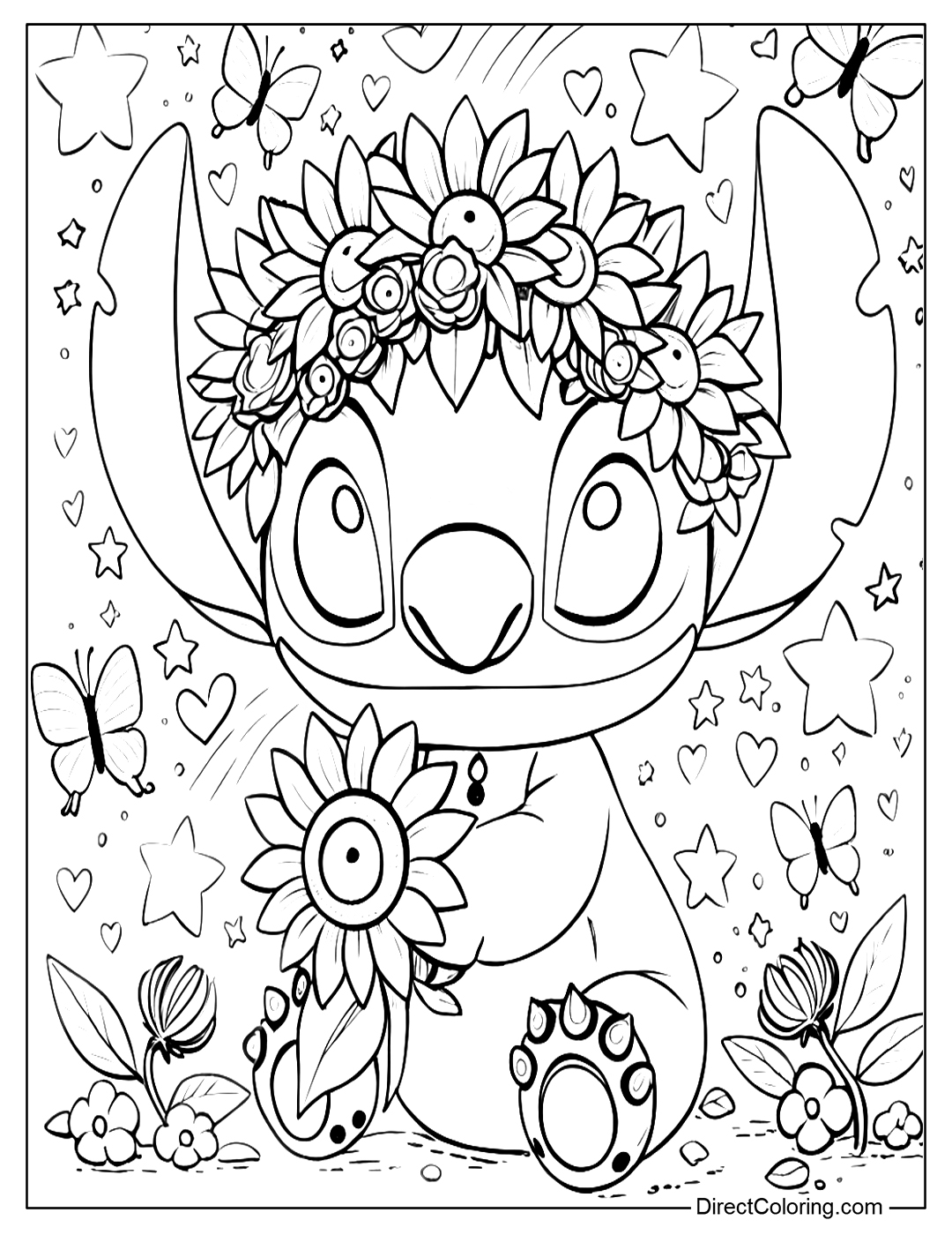 Stitch with Sunflowers Coloring Page
