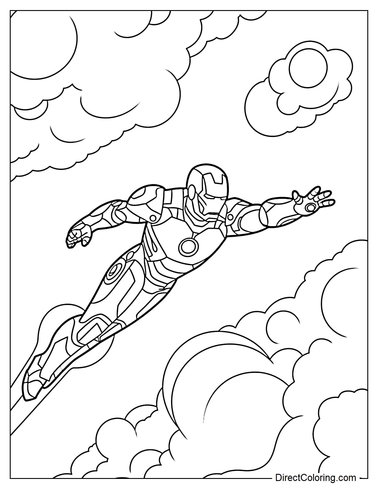 Iron Man flying above a few simple round clouds in the gentle sky.