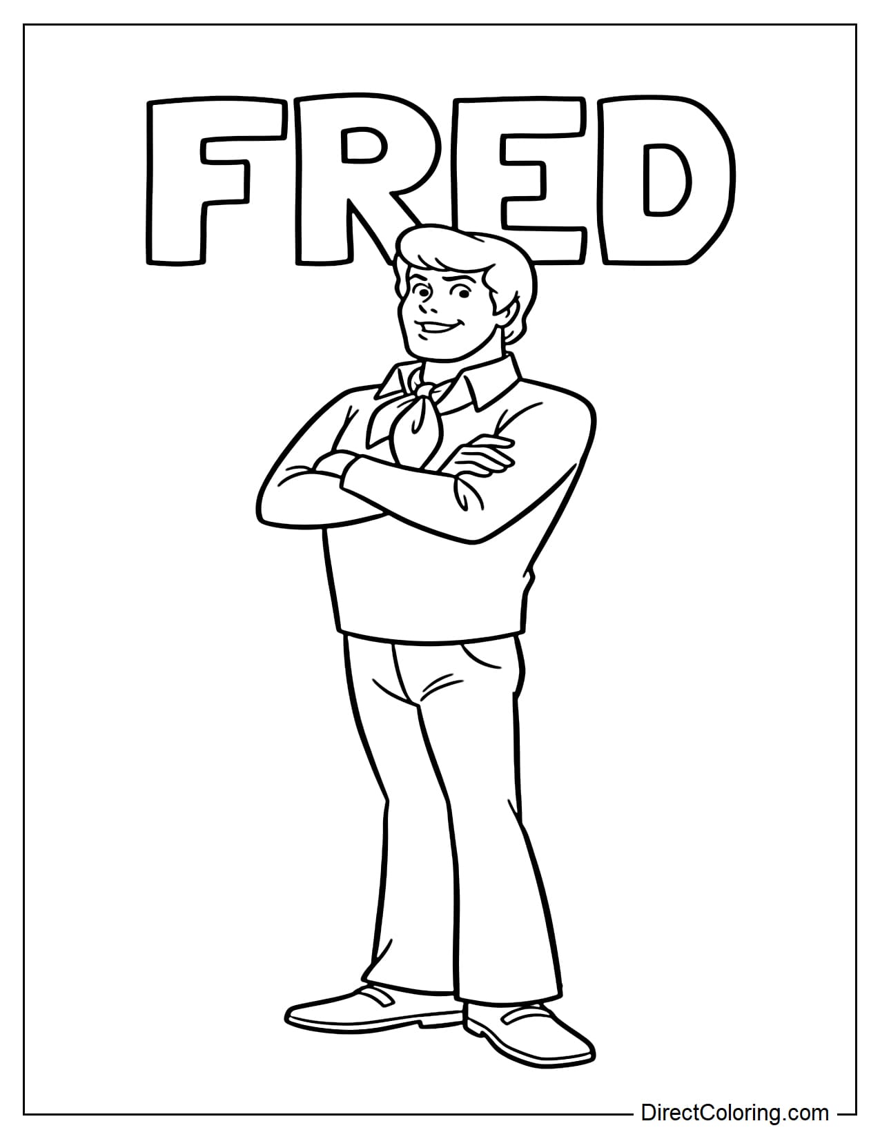 Fred is standing confidently with his arms crossed in front of his chest and a proud smile, with the text 