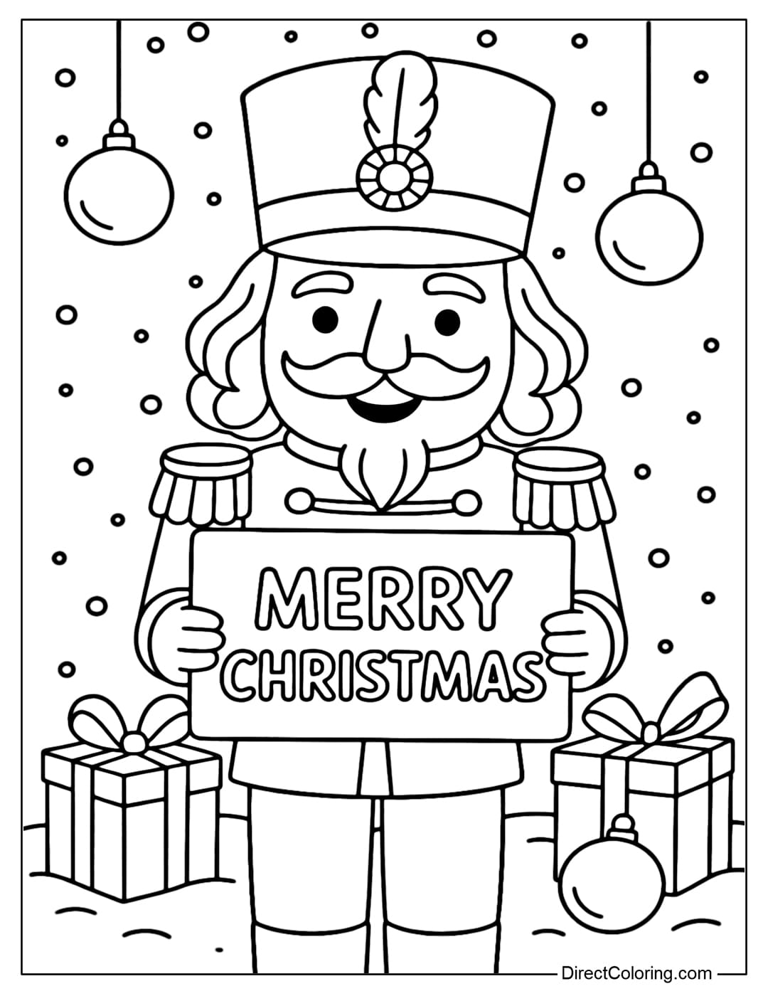 Coloring page of a Nutcracker holding a Merry Christmas sign.