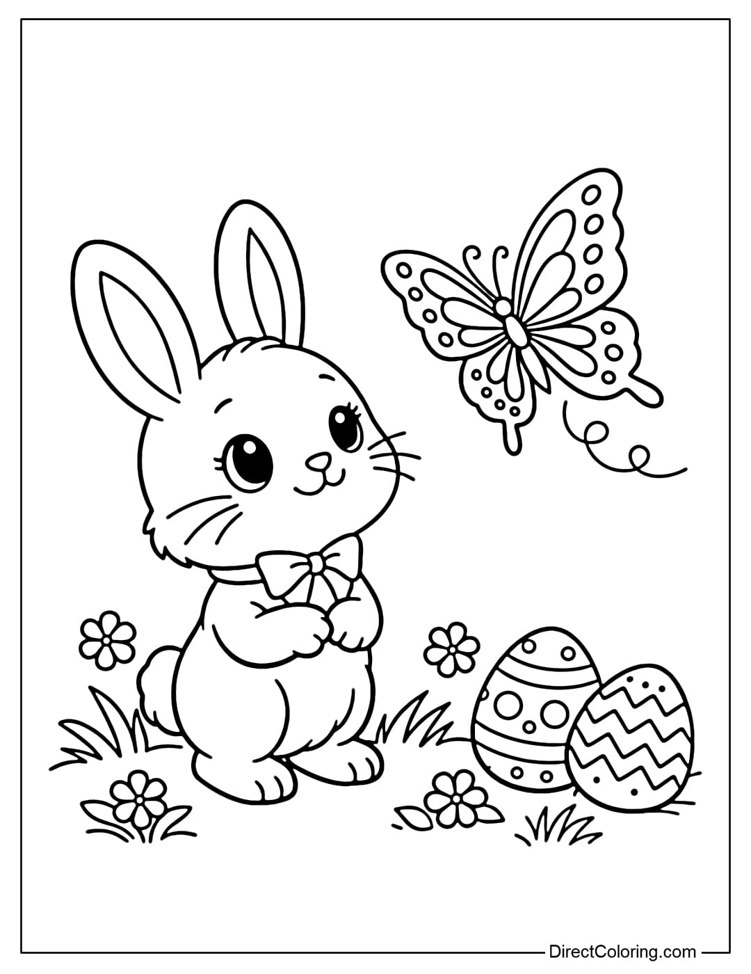 A cute Easter bunny coloring page standing watching a large butterfly fly in front of it, with two Easter eggs next to it.