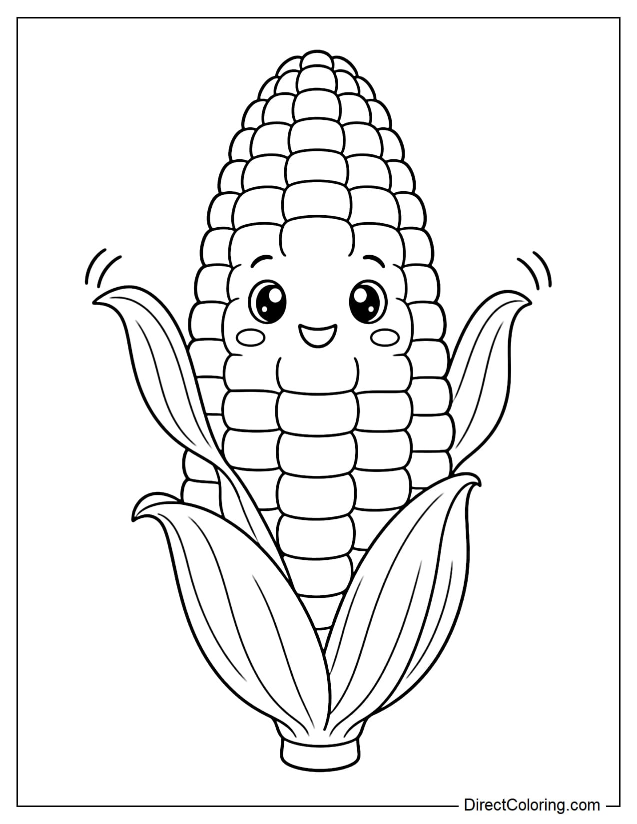 A large cute corn cob has round eyes, with two husk leaves curving outward like arms happily waving to both sides.