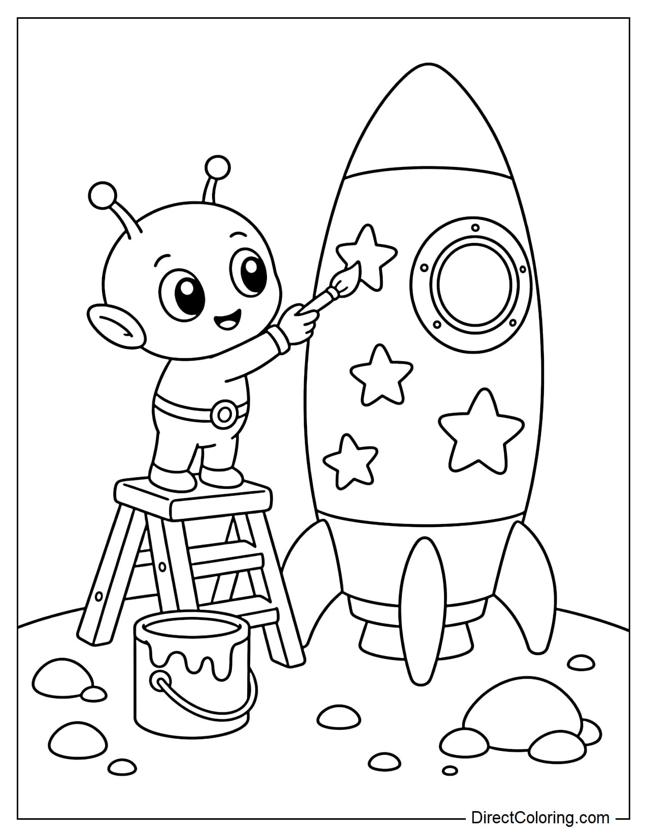 A cute little alien standing on a short ladder and using a paintbrush to paint stars on the side of a rocket.