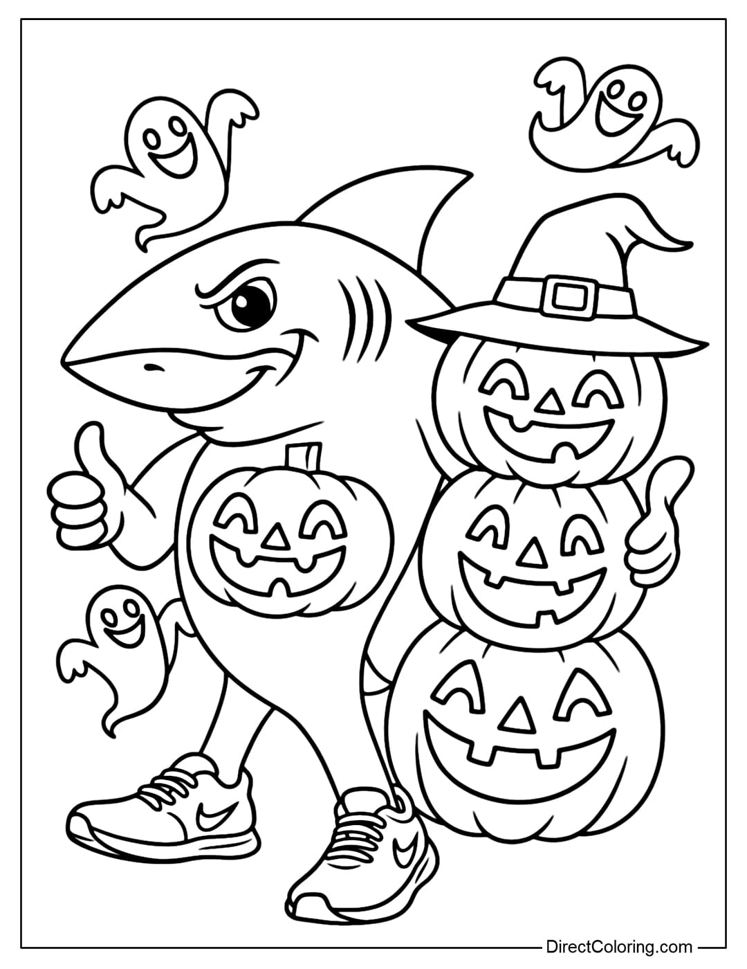 Tralalero Coloring Page Tralala has a Halloween pumpkin motif on her body, standing next to a pumpkin tower of three pumpkins with carved faces stacked on top of each other.