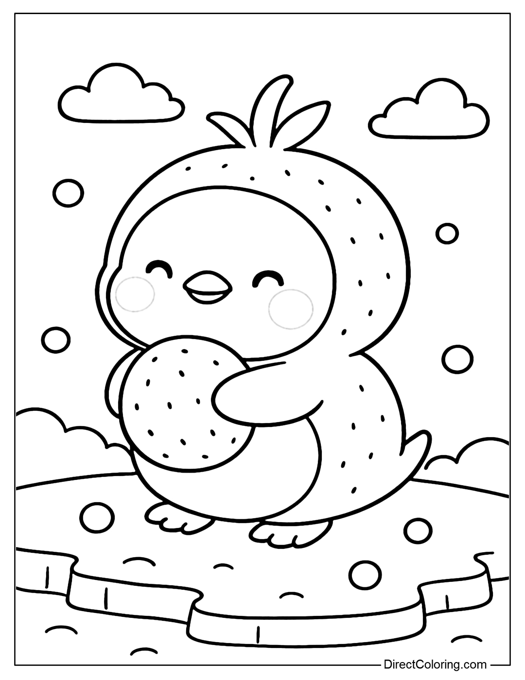 A coloring page of a penguin with a round, smooth body like a purple plum, round, rosy cheeks, playing in the snow with small round icicles.