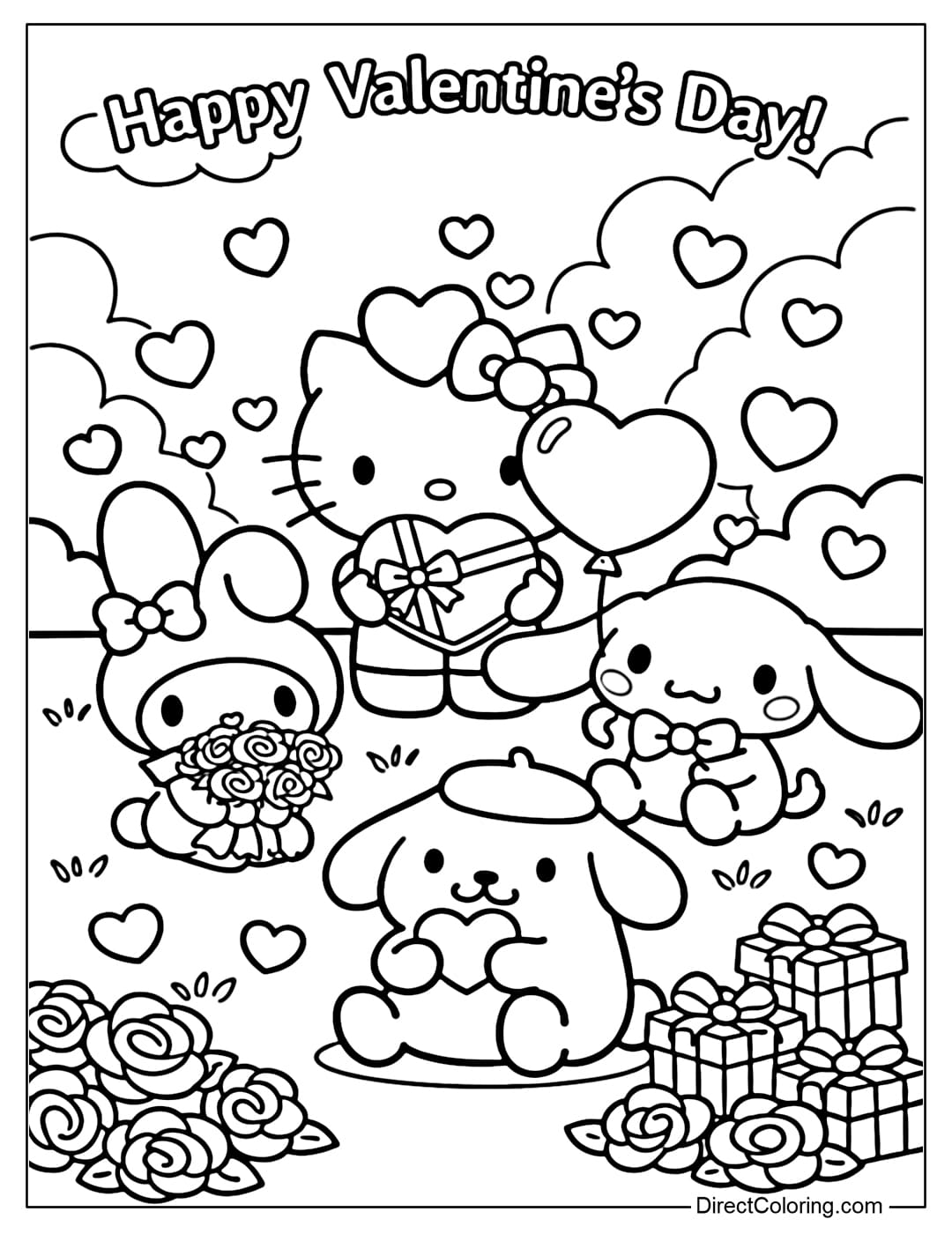 A Valentine coloring page with Hello Kitty and her Sanrio friends in a cute setting, complete with heart shapes, roses, and gifts.