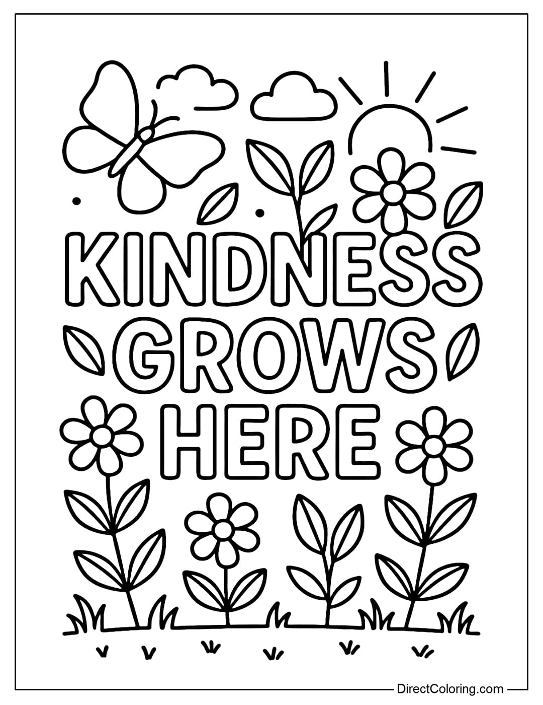 Kindness Grows Here Coloring Page, decorated like a small garden.