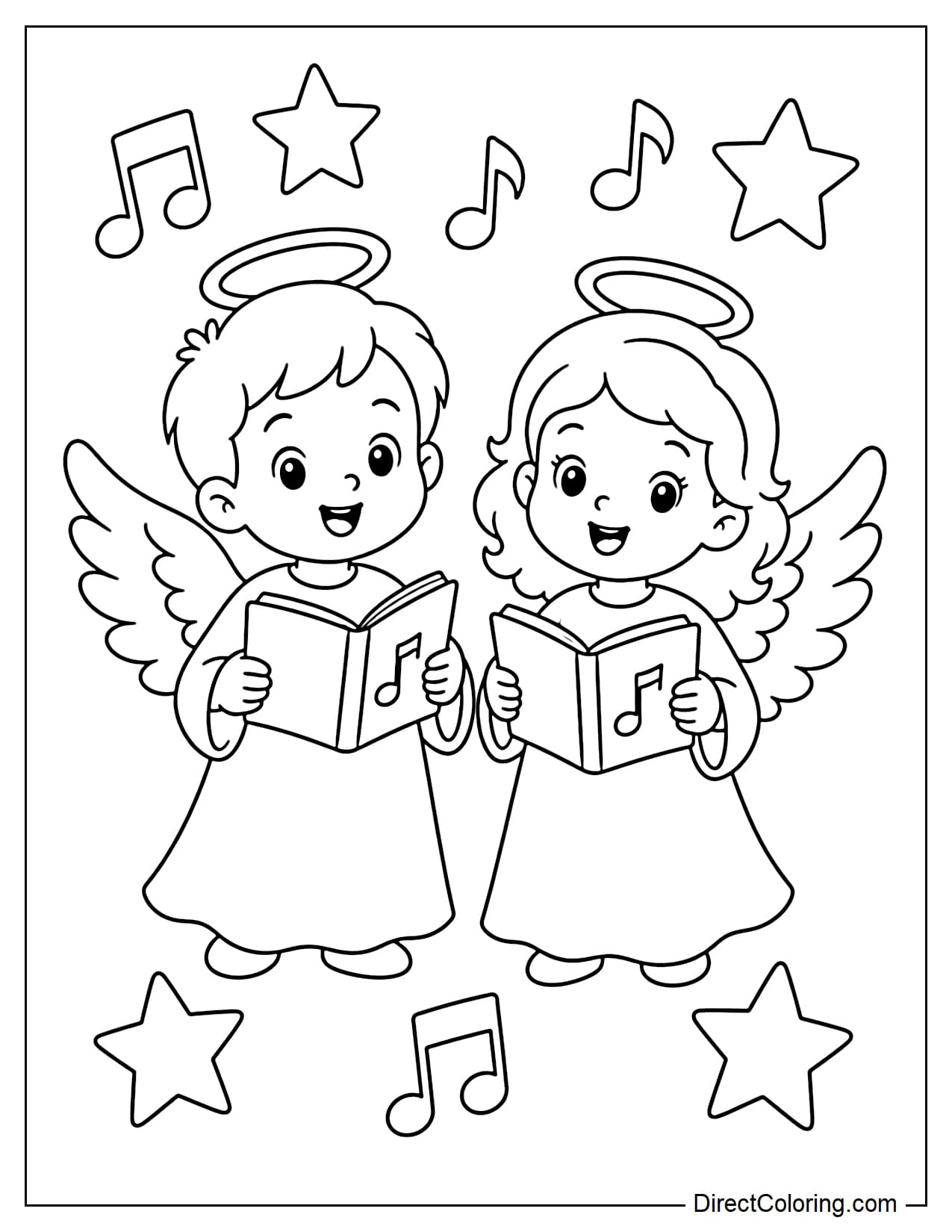 Two little angels stand side-by-side singing, each holding a music book; musical notes and stars surround them.
