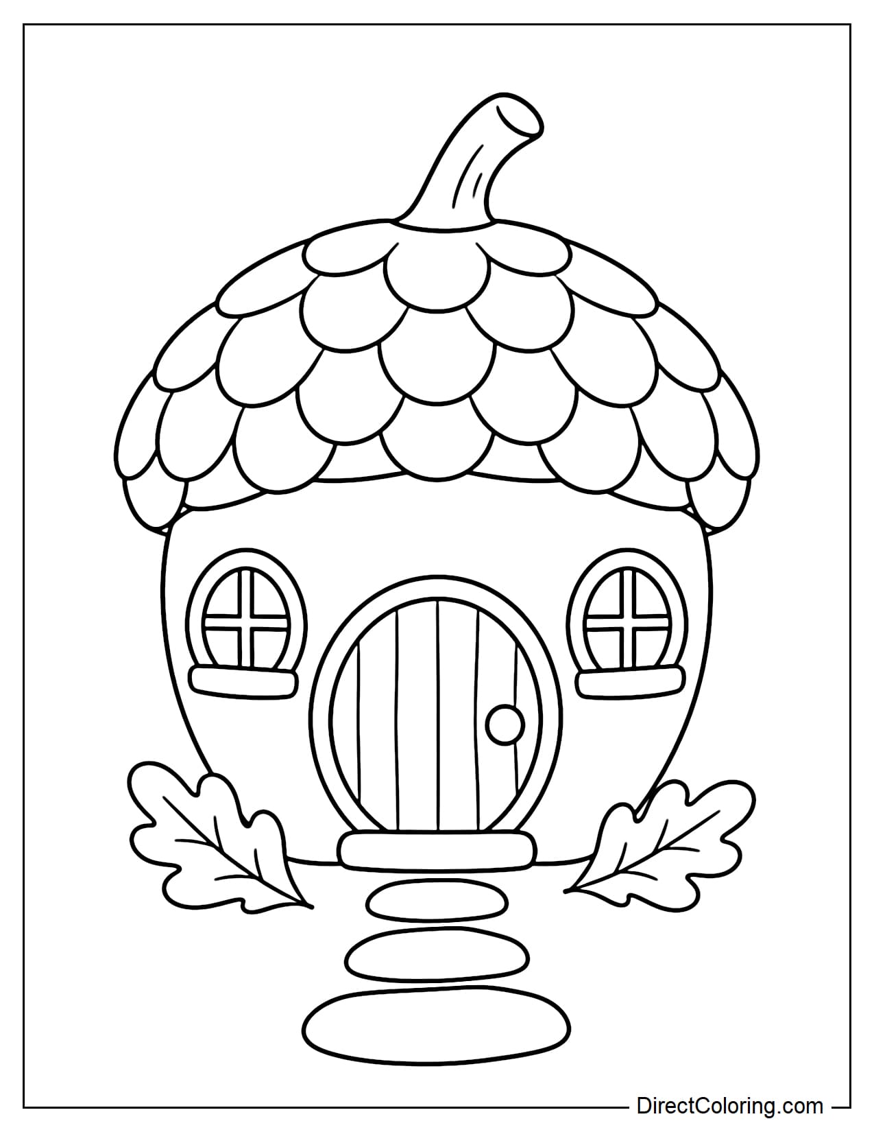 A giant acorn transformed into a tiny house, with the acorn cap forming the roof, a large round front door and two rounded windows on the body, and three large stepping stones forming a path in front.