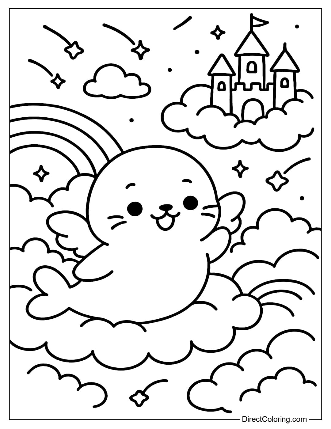 Little seal coloring page with wings, playing on the floating clouds.