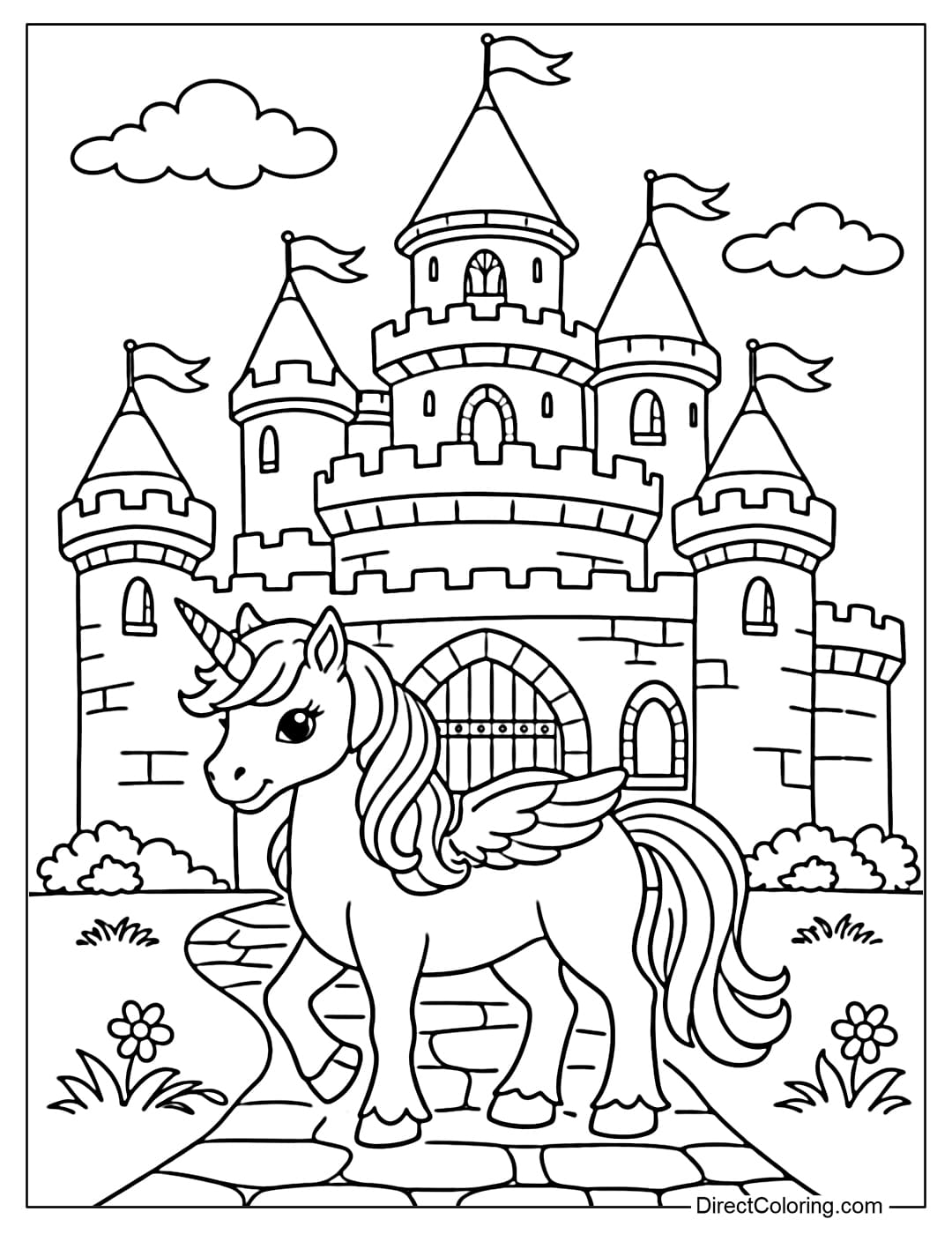 Coloring page of a fairy tale castle with a unicorn standing in front of the castle gate.
