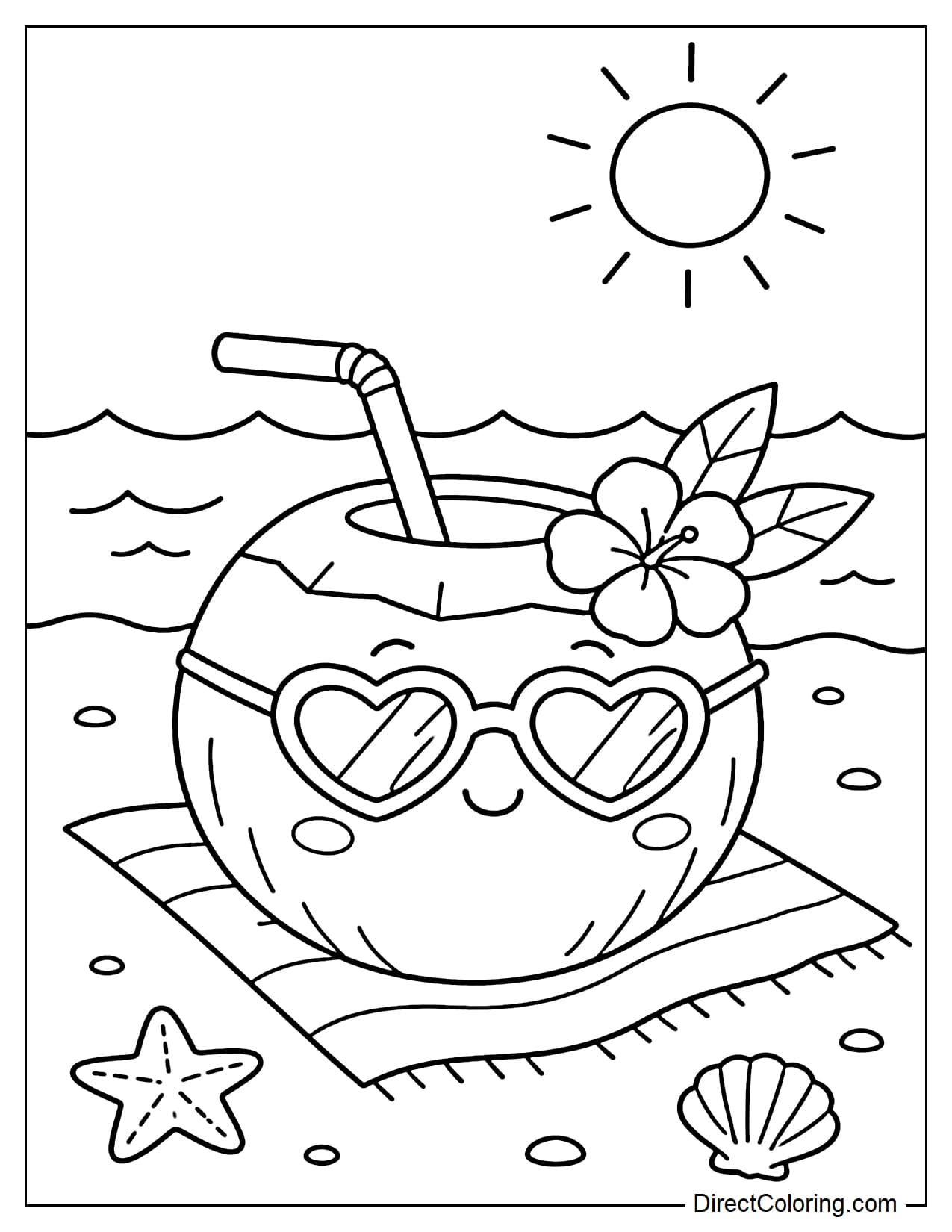 A lovely round coconut wearing sunglasses sits on a summer beach, surrounded by waves and a small round sun.