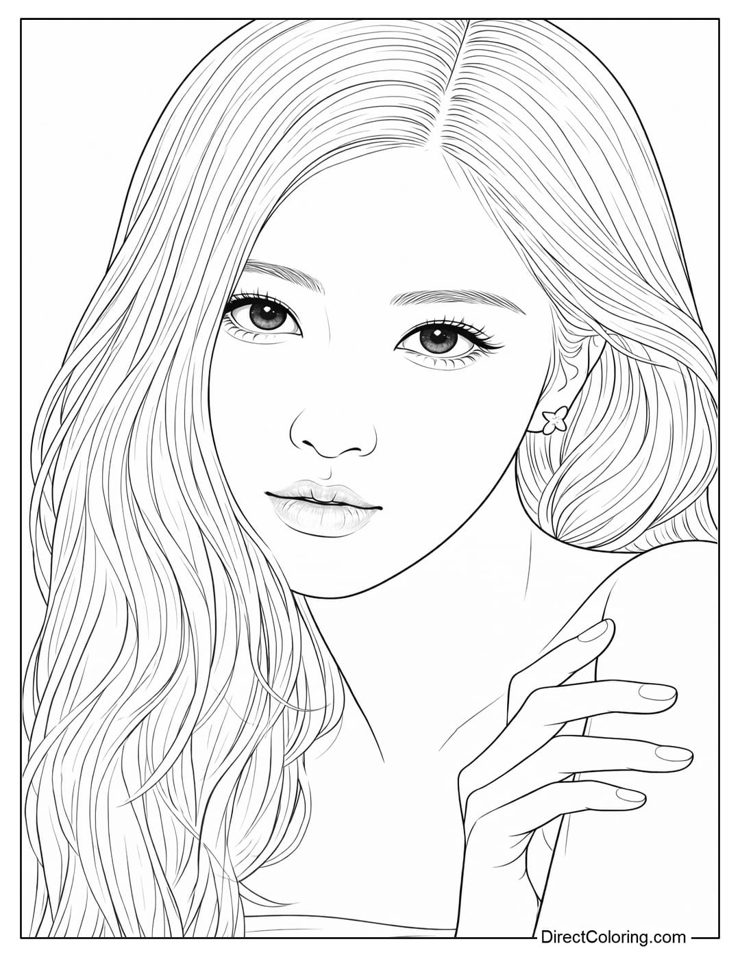 A coloring page of elegant Rosé Blackpink with flowing wavy hair and expressive eyes.