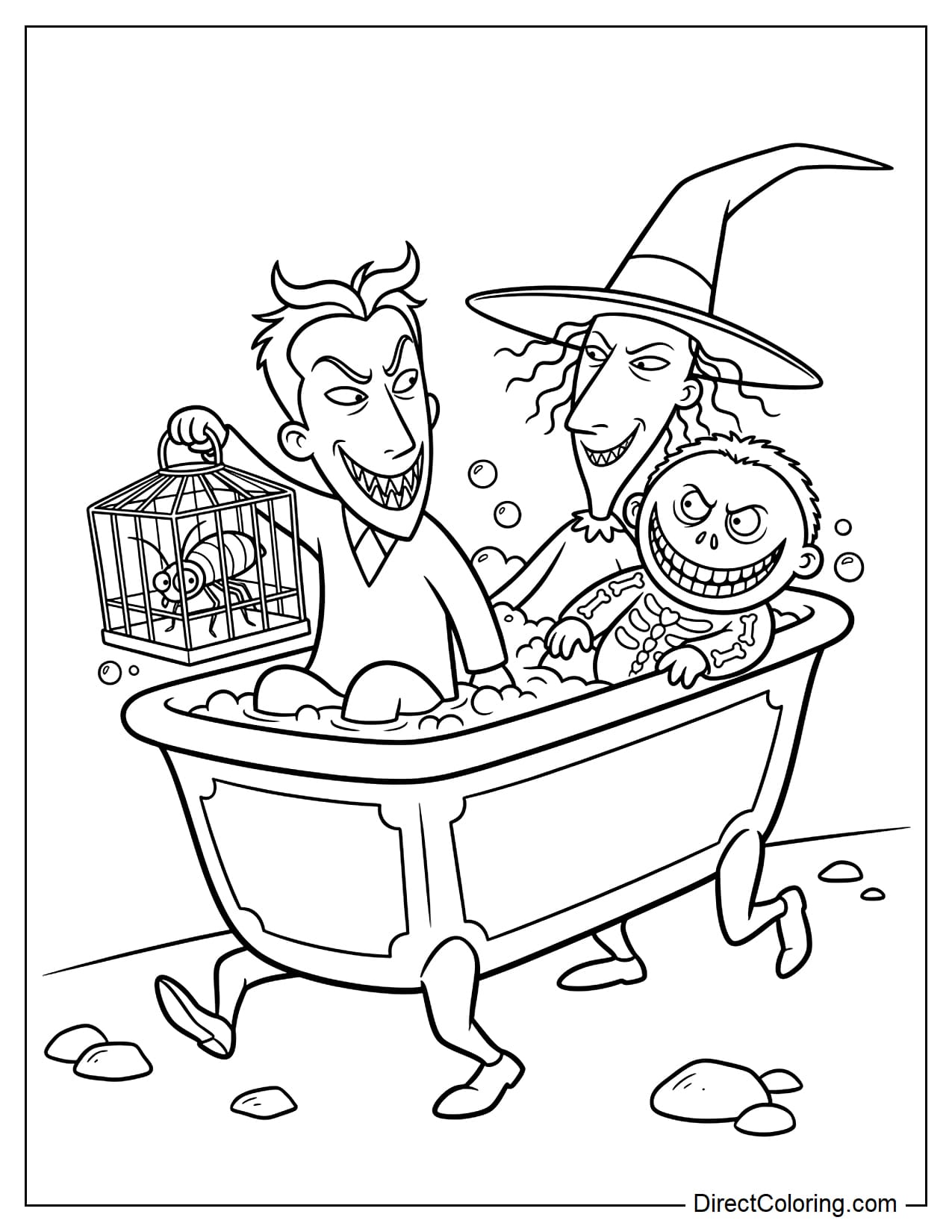 Lock, Shock, and Barrel sitting together inside their signature walking bathtub, all three wearing mischievous expressions.