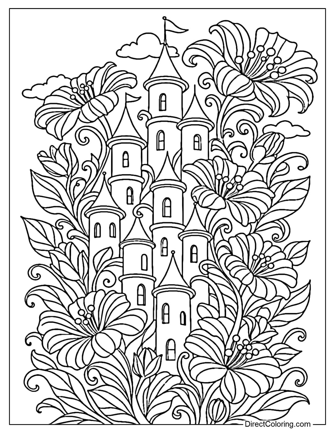 Coloring page of a fantasy castle standing amidst giant, brightly blooming flowers with tall, curving stems.