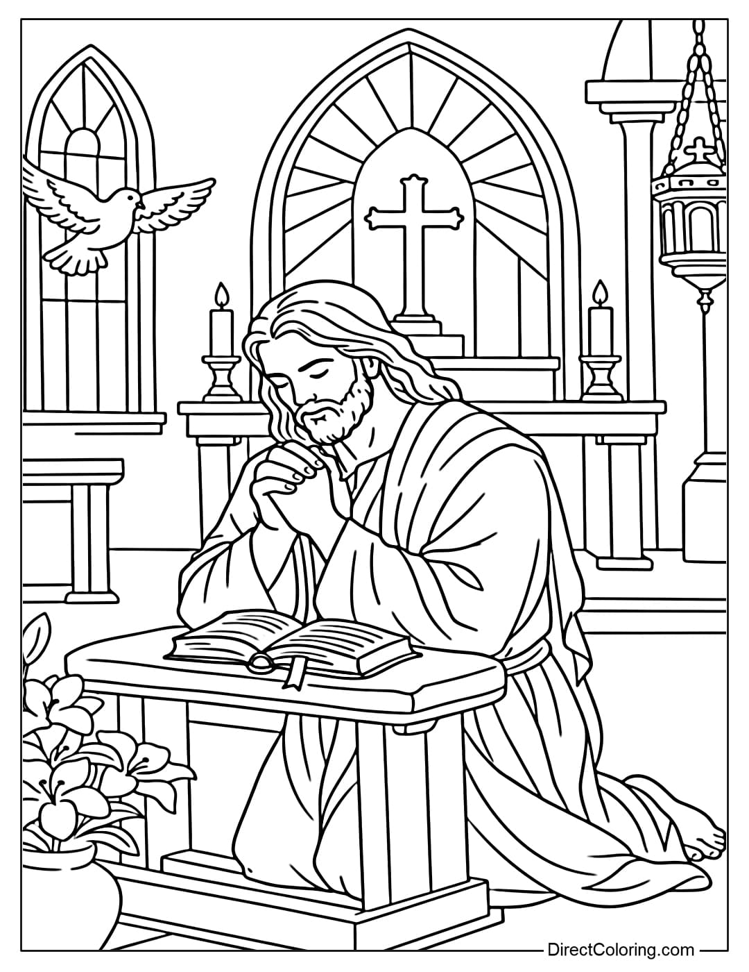 Coloring page of Jesus praying in a peaceful church setting.