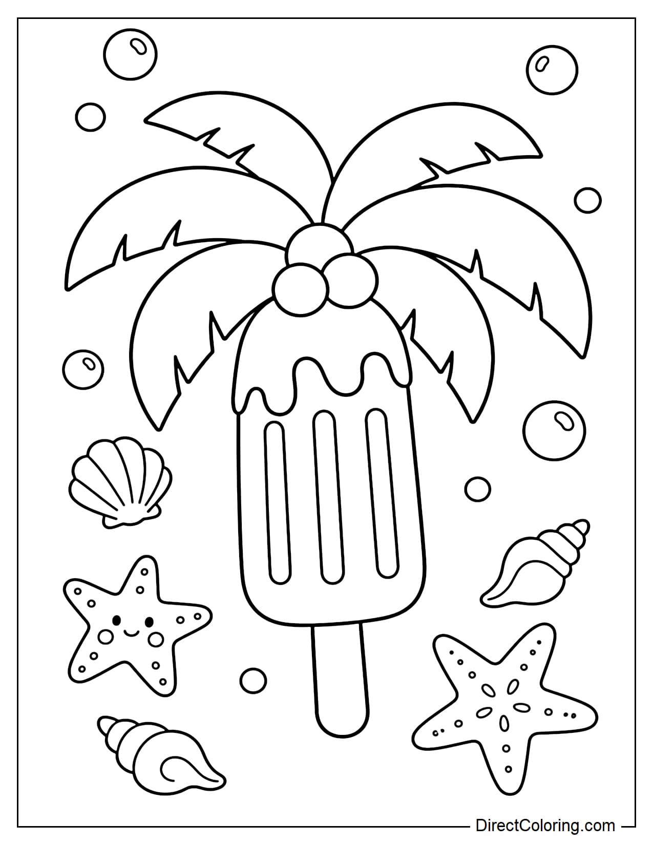 A summer palm tree popsicle with an ice cream cone trunk and large palm leaves on top, surrounded by seashells, starfish, and cool bubbles.