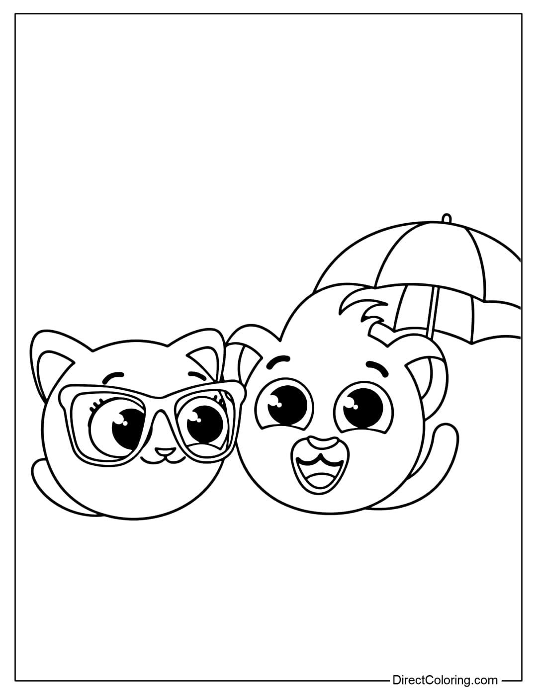 Coloring page of two cartoon characters of Bolofofos: Sophie holding an ice cream. Next to her is Rick - the golden lion holding a colorful umbrella.