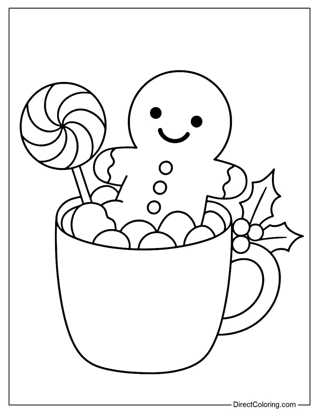 Coloring page of a gingerbread man sitting in a chocolate cup filled with marshmallows, surrounded by lollipops and holly leaves.