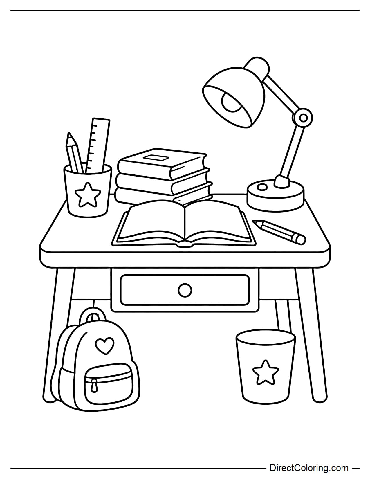 A simple study desk with pens, books, a ruler, and a desk lamp neatly arranged.