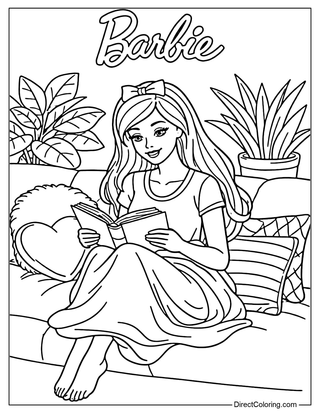 Barbie sitting and reading a book on a comfortable sofa, surrounded by pillows and greenery.