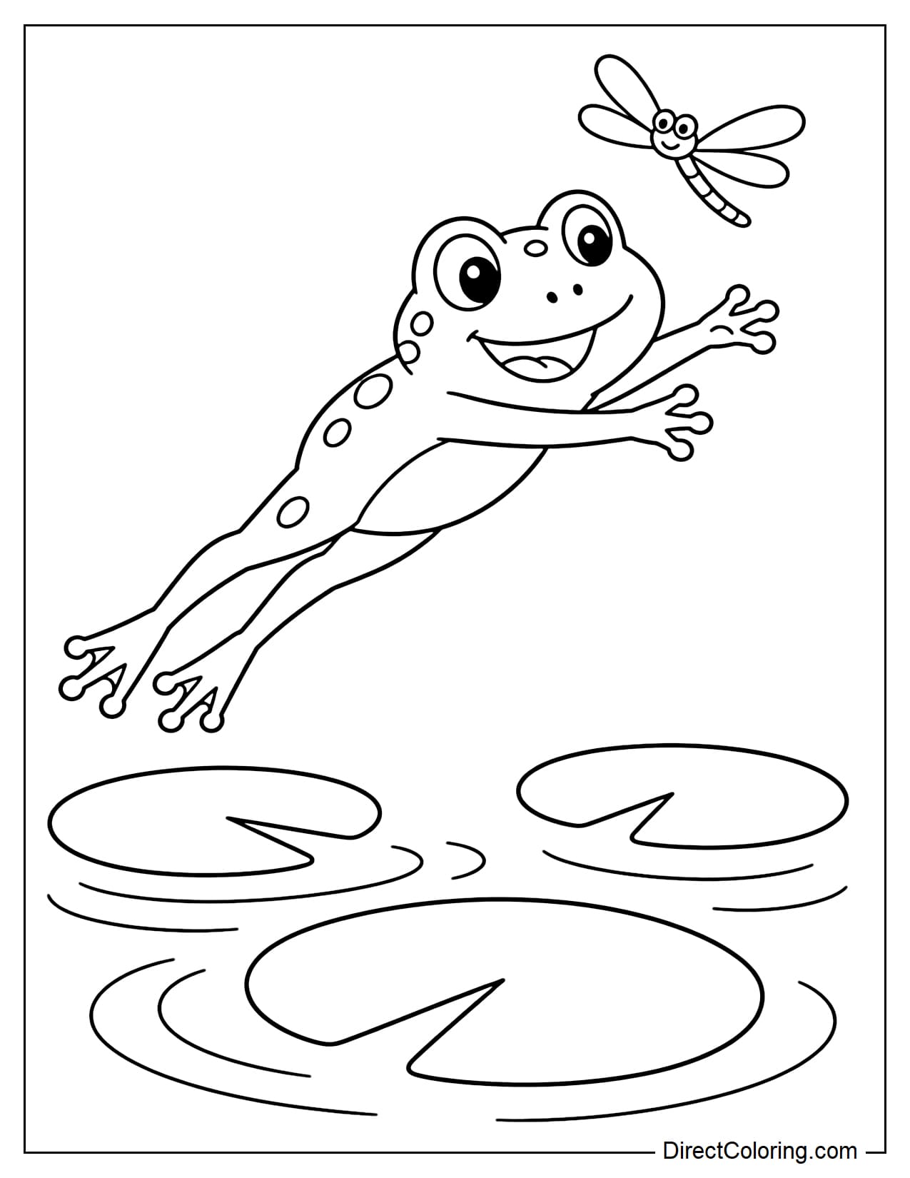 A frog is jumping high over the surface of the pond, its hind legs extended, with lotus leaves, large ripples of water, and a small dragonfly above.